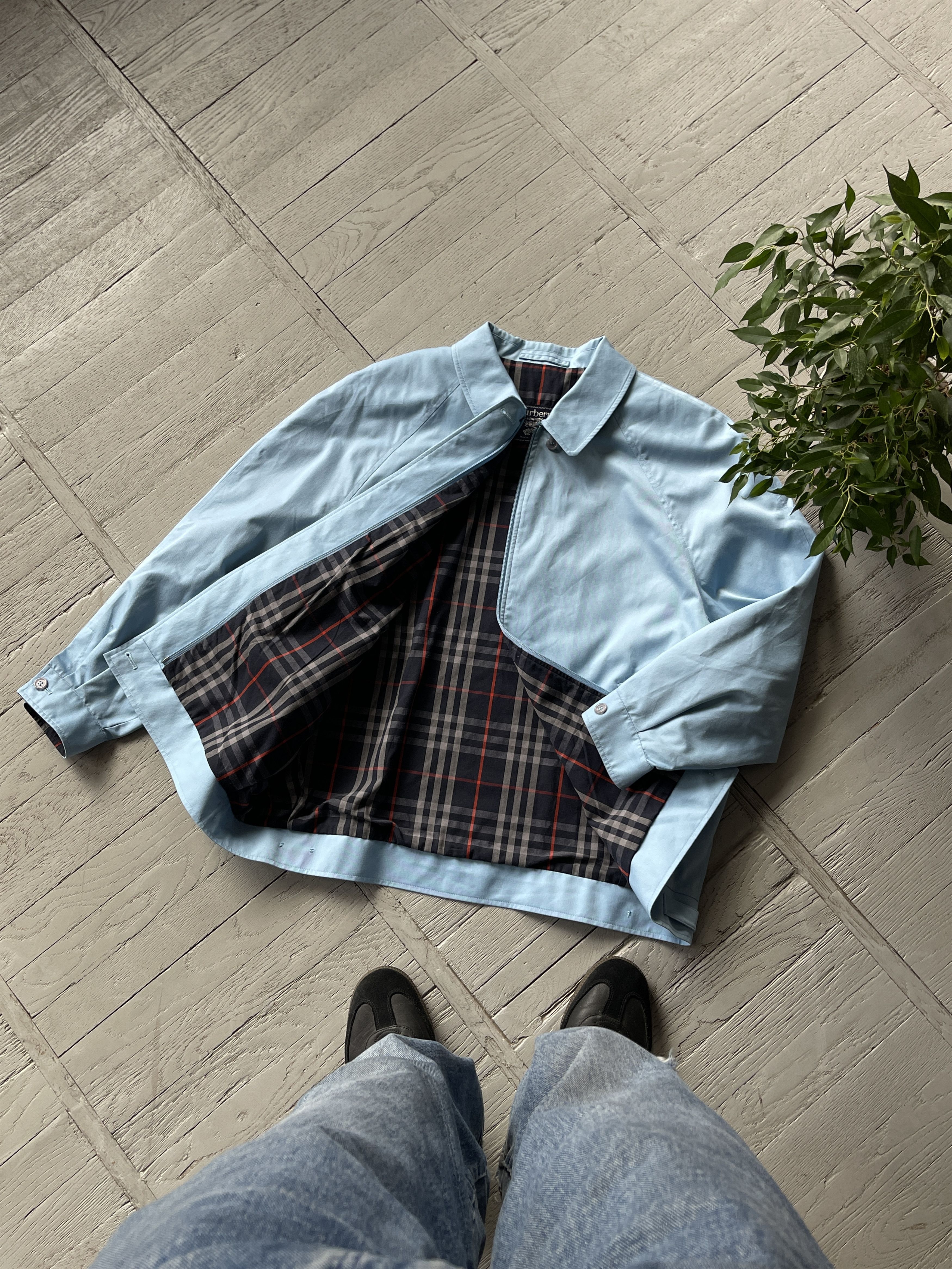 image of Burberry Nova Check Collared Jacket in Sky Blue, Women's (Size XL)