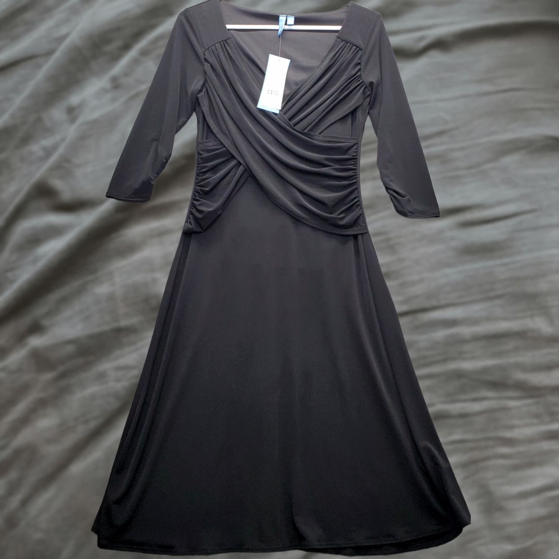 Vintage B-Slim Womens Size S Black 3/4 Sleeve Faux Wrap V-Neck Shapewear Dress - White? Size S / US 4 / IT 40 - 1 Thumbnail
