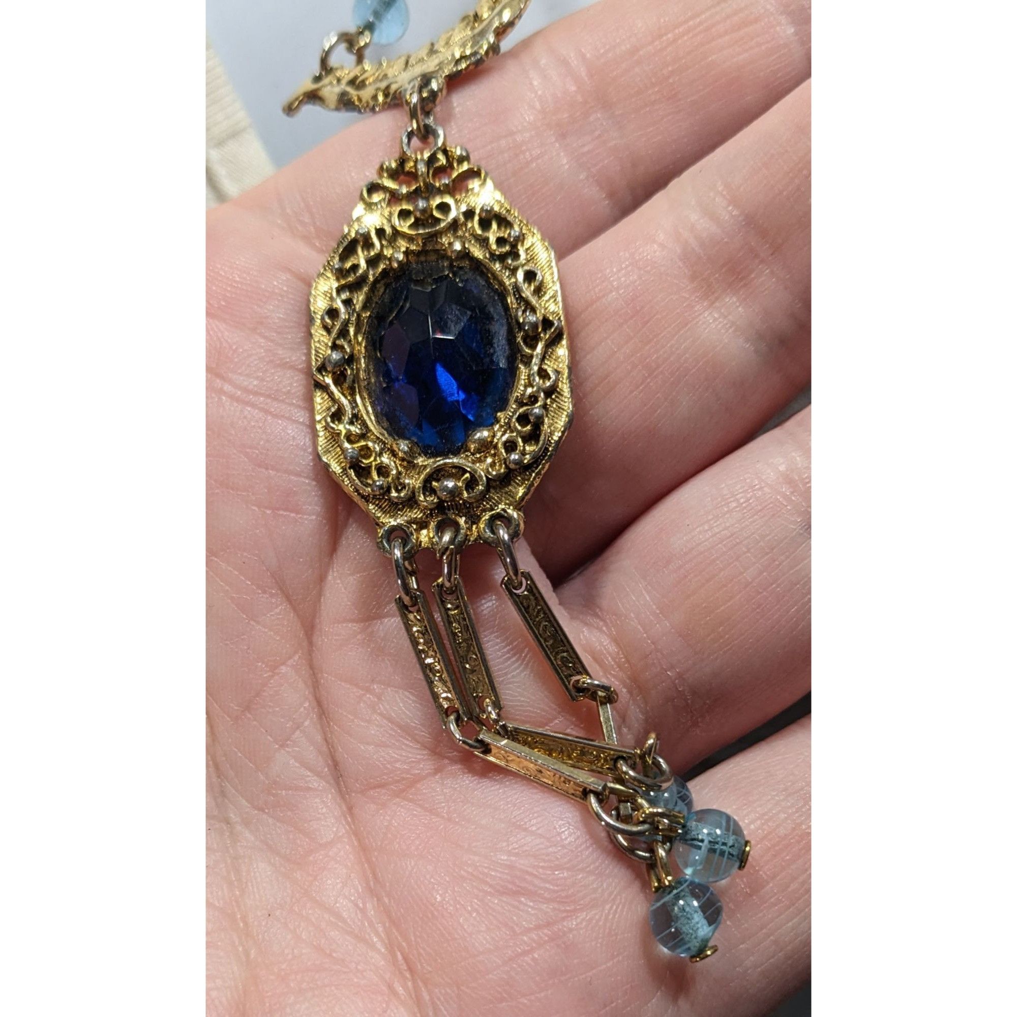 Other Antique Regal Flapper Style Gold-Tone Necklace With Blue Gl Size ONE SIZE - 5 Thumbnail