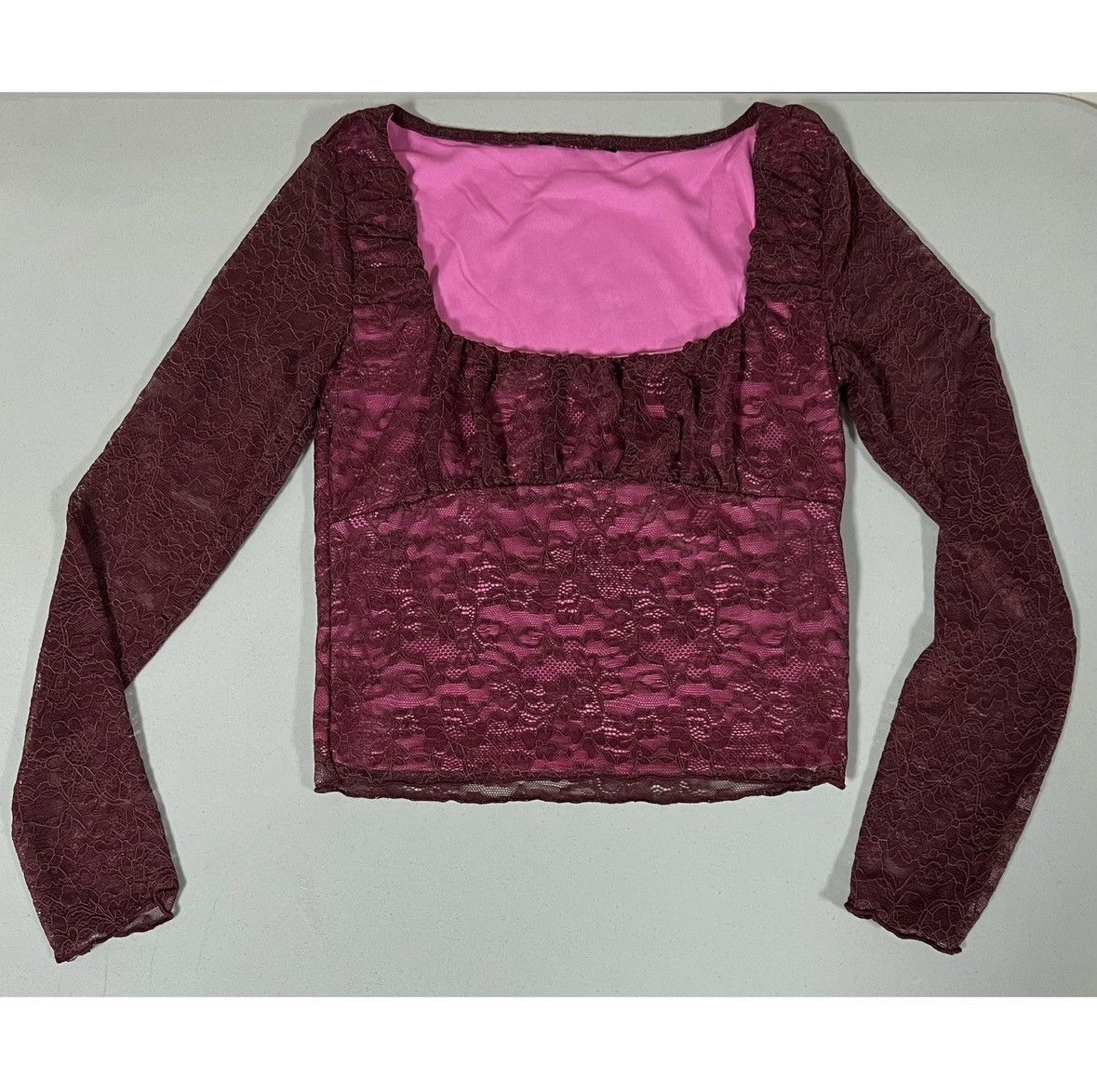 Vintage Red Lace Square-Neck Long Sleeve Shirt Top Blouse Size M ♥️✨ Size M / US 6-8 / IT 42-44 - 1 Thumbnail