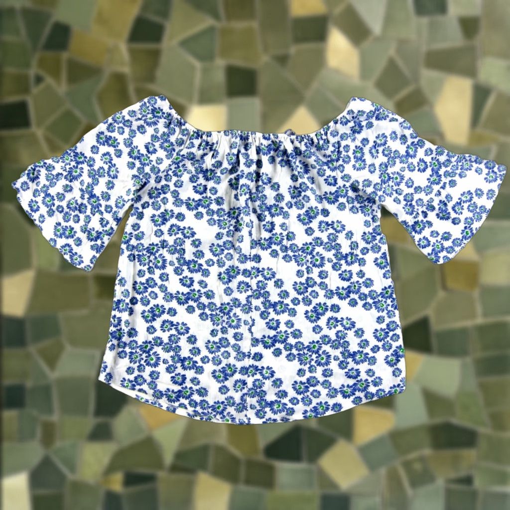 Nordstrom VINTAGE West Kei Nordstrom Off Shoulder Floral Blouse Blue White Rayon XL Top Women Blouse NWT Size XL / US 12-14 / IT 48-50 - 1 Thumbnail