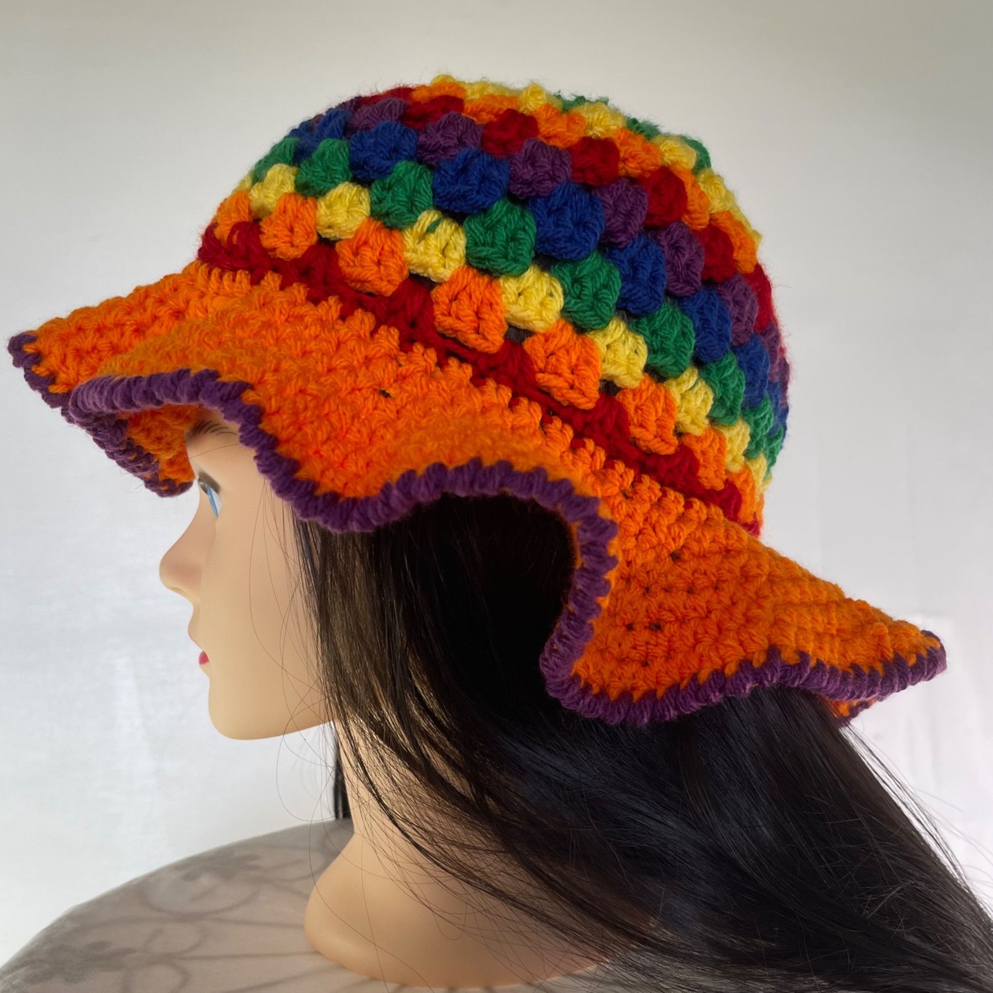 Handmade Crochet Bucket Hat Granny Square Pattern Rainbow Colors Adul Size ONE SIZE - 2 Thumbnail