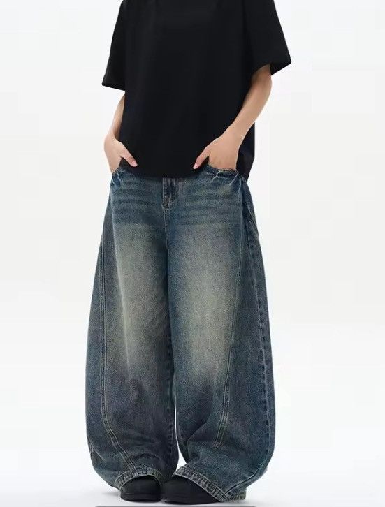 Jean Blue Washed Wide Leg Denim Jeans, Oversized Jeans Size US 27 - 5 Thumbnail
