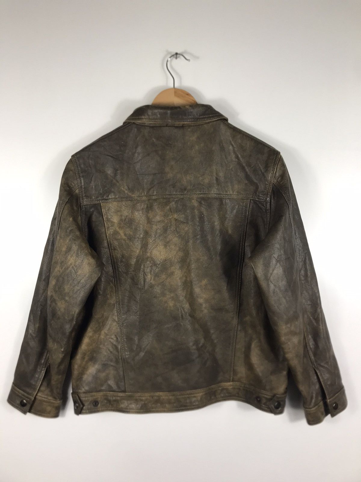 Japanese Brand × Vintage ⚡️Vintage Cross-Way Distressed Faded Leather Trucker Jacket Size XS / US 0-2 / IT 36-38 - 14 Thumbnail