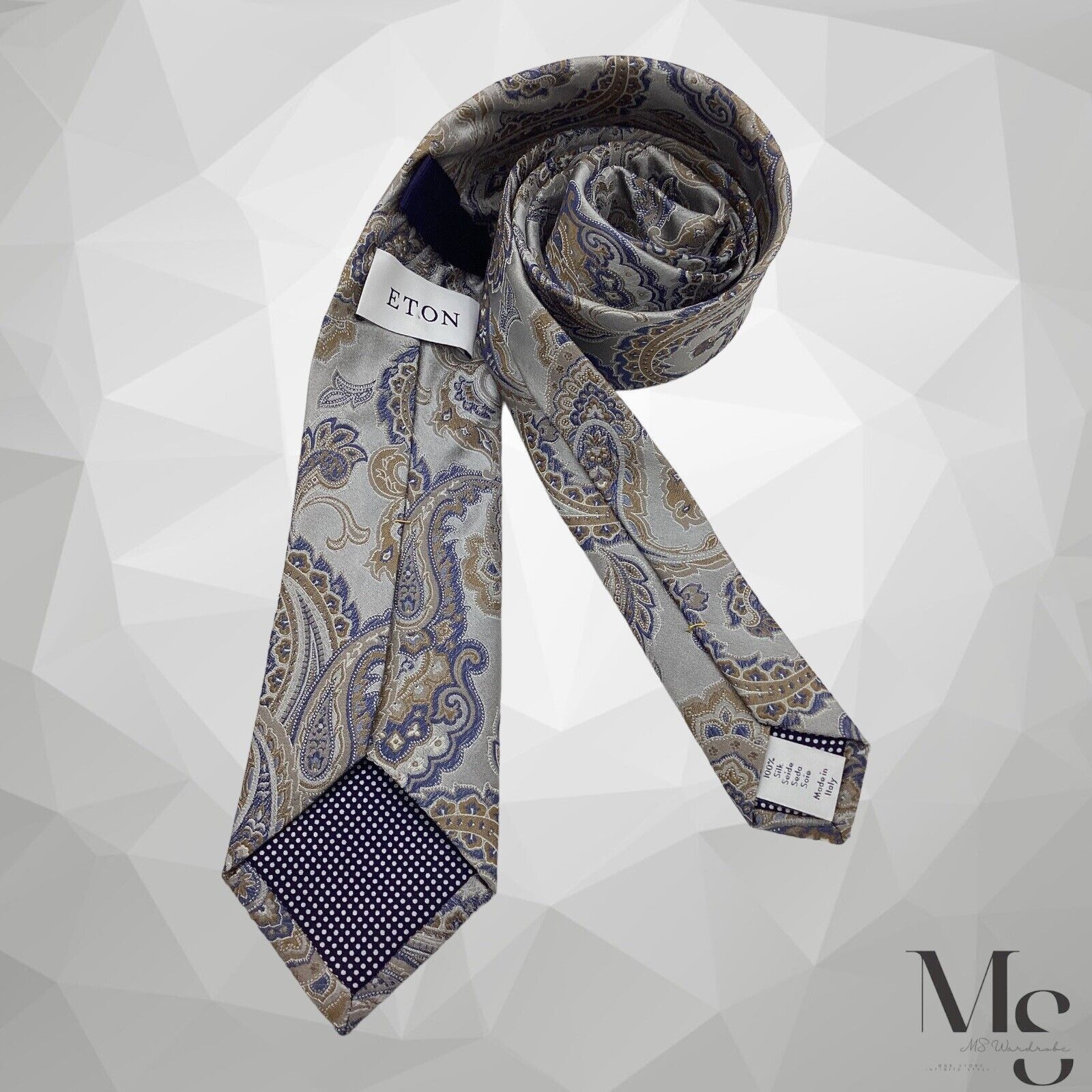Eton ETON Gray Paisley Luxury Designer Silk Tie Made In Italy W: Size ONE SIZE - 2 Thumbnail