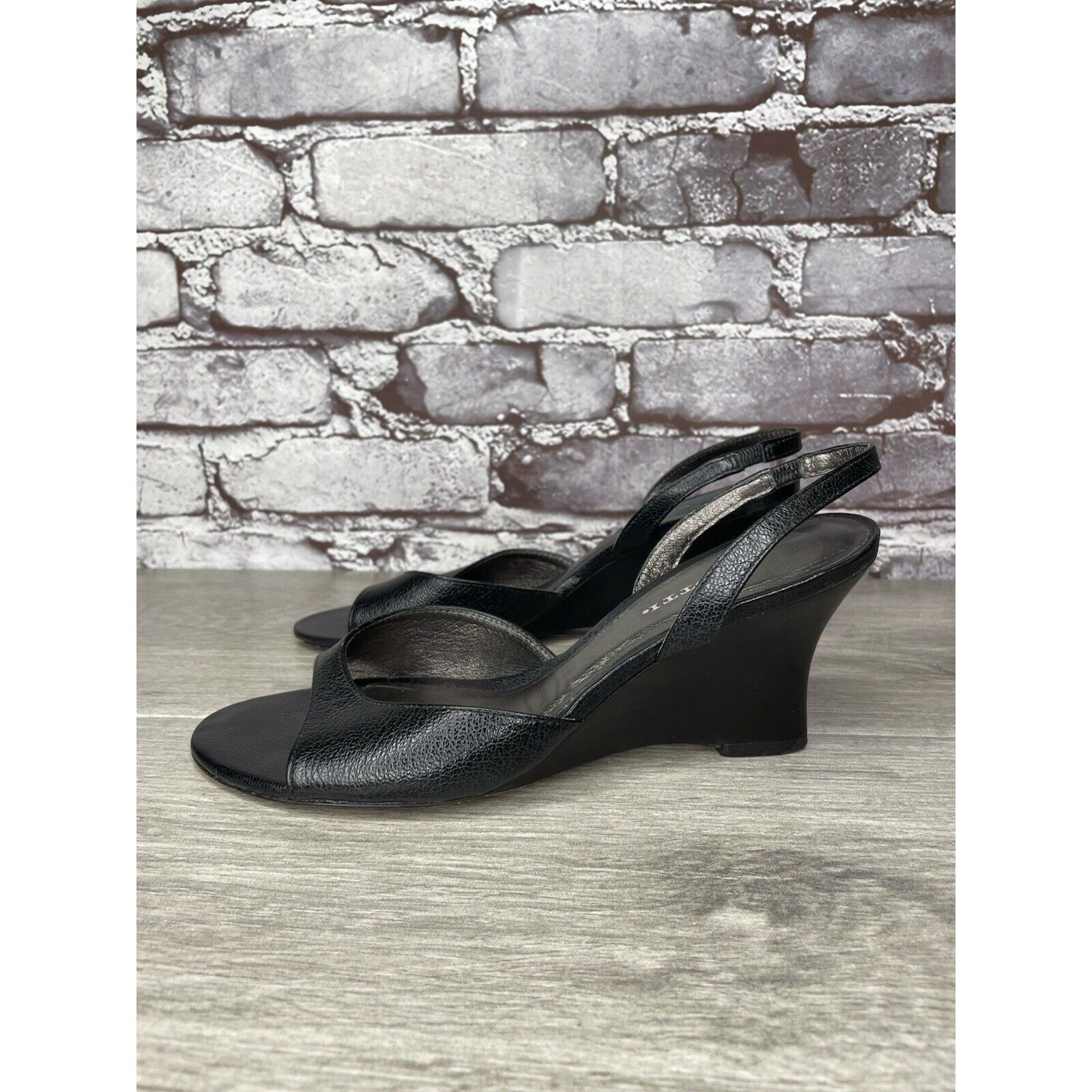 Other Vigotti Black Leather Open Toe Slingback High Wedge Sandals Size US 7 / IT 37 - 1 Thumbnail