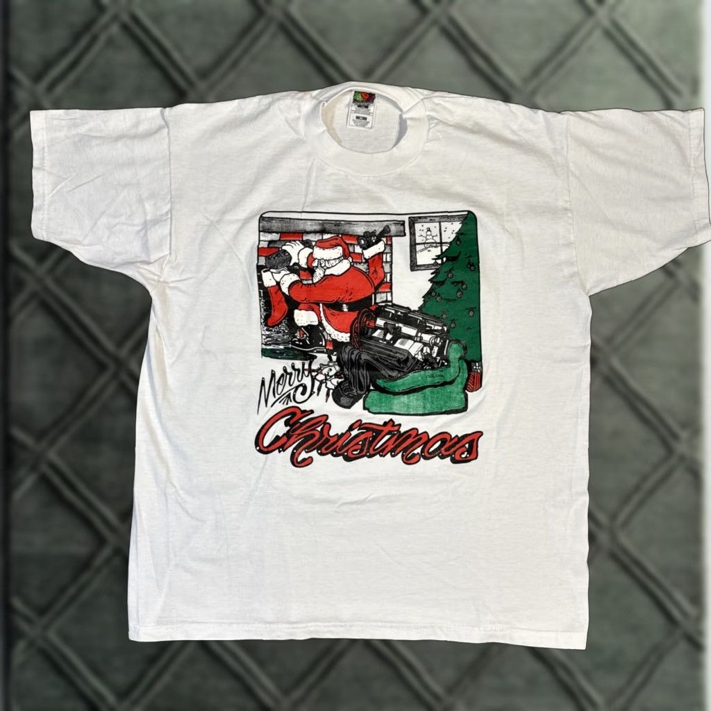 Fruit Of The Loom VINTAGE 90s Santa Claus Mechanic Car Parts Engine XL White Tee Shirt Mens Size US XL / EU 56 / 4 - 1 Thumbnail