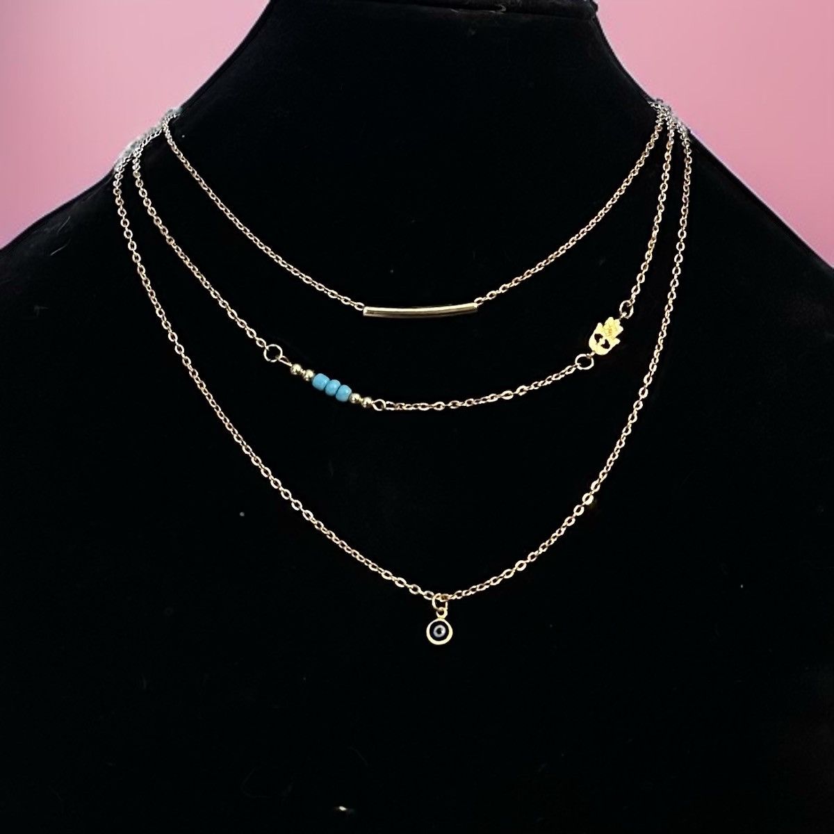 Other Gold tone triple strand layered Turkish evil eye necklace Size ONE SIZE - 1 Thumbnail