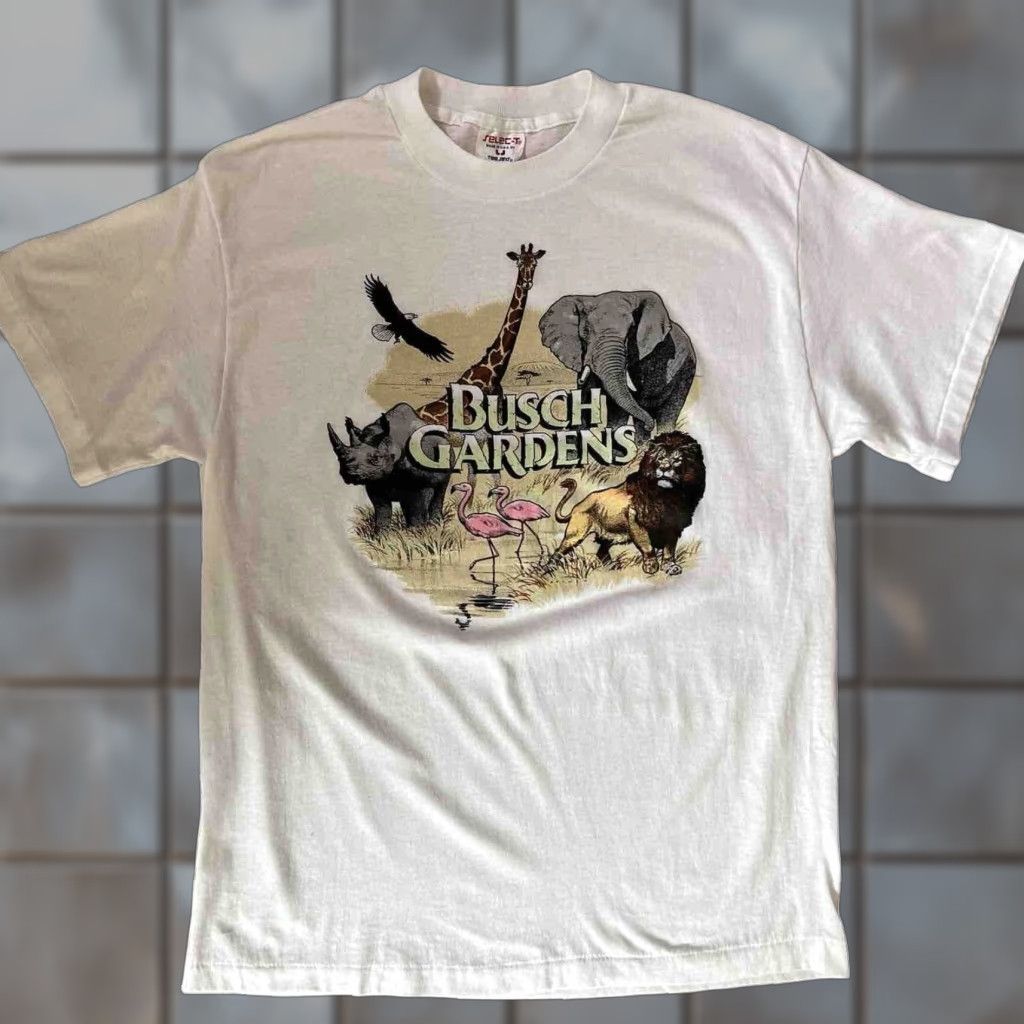 Vintage VINTAGE Busch Gardens Shirt XL White 80s Tampa Bay Florida Nature Lion Rhino Mens Short Sleeve Crew Neck Cotton T-Shirt USA 90s Size US XL / EU 56 / 4 - 1 Thumbnail