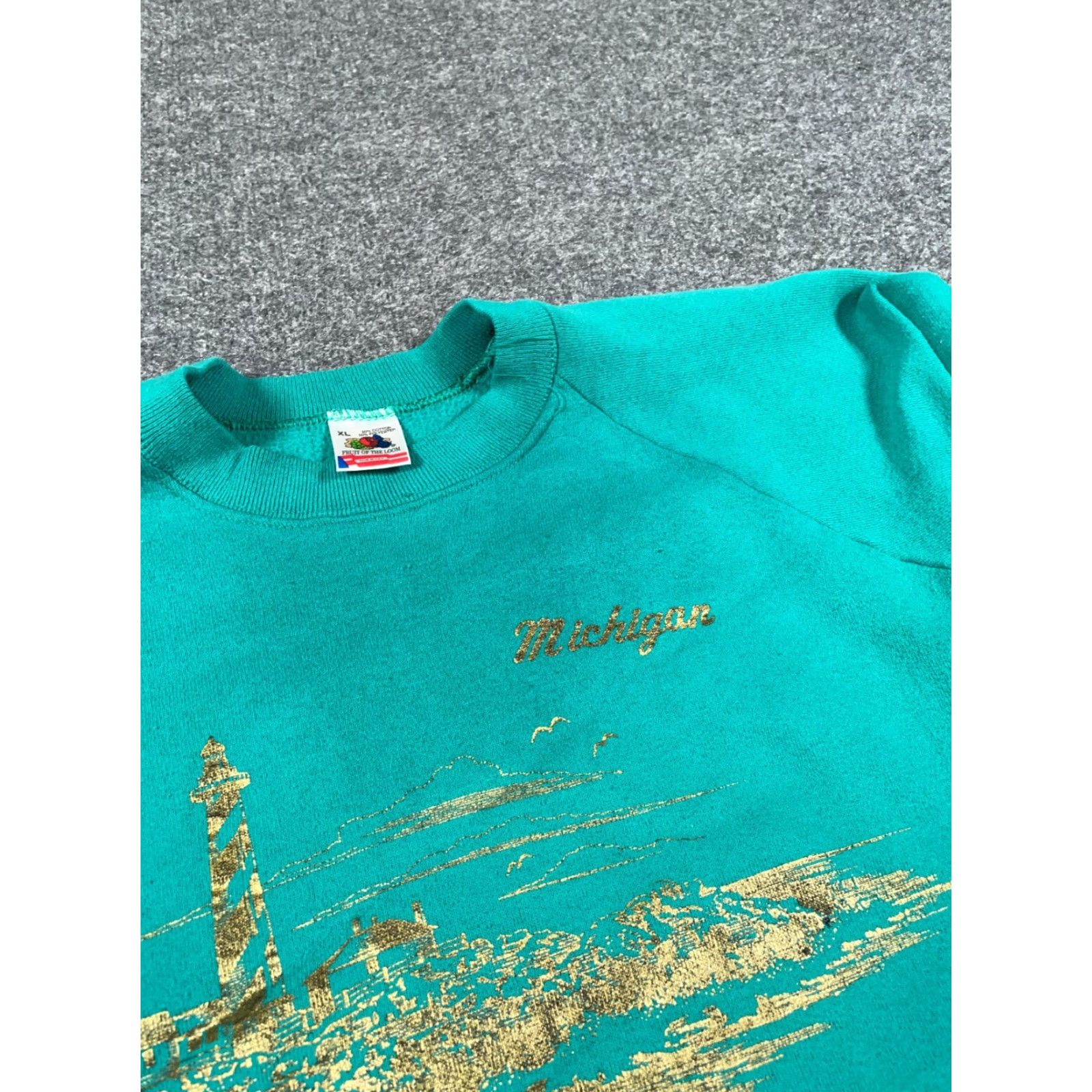 Fruit Of The Loom VTG Michigan Lighthouse Print Sweatshirt Adult Large Green Raglan Sleeves Size US L / EU 52-54 / 3 - 4 Thumbnail