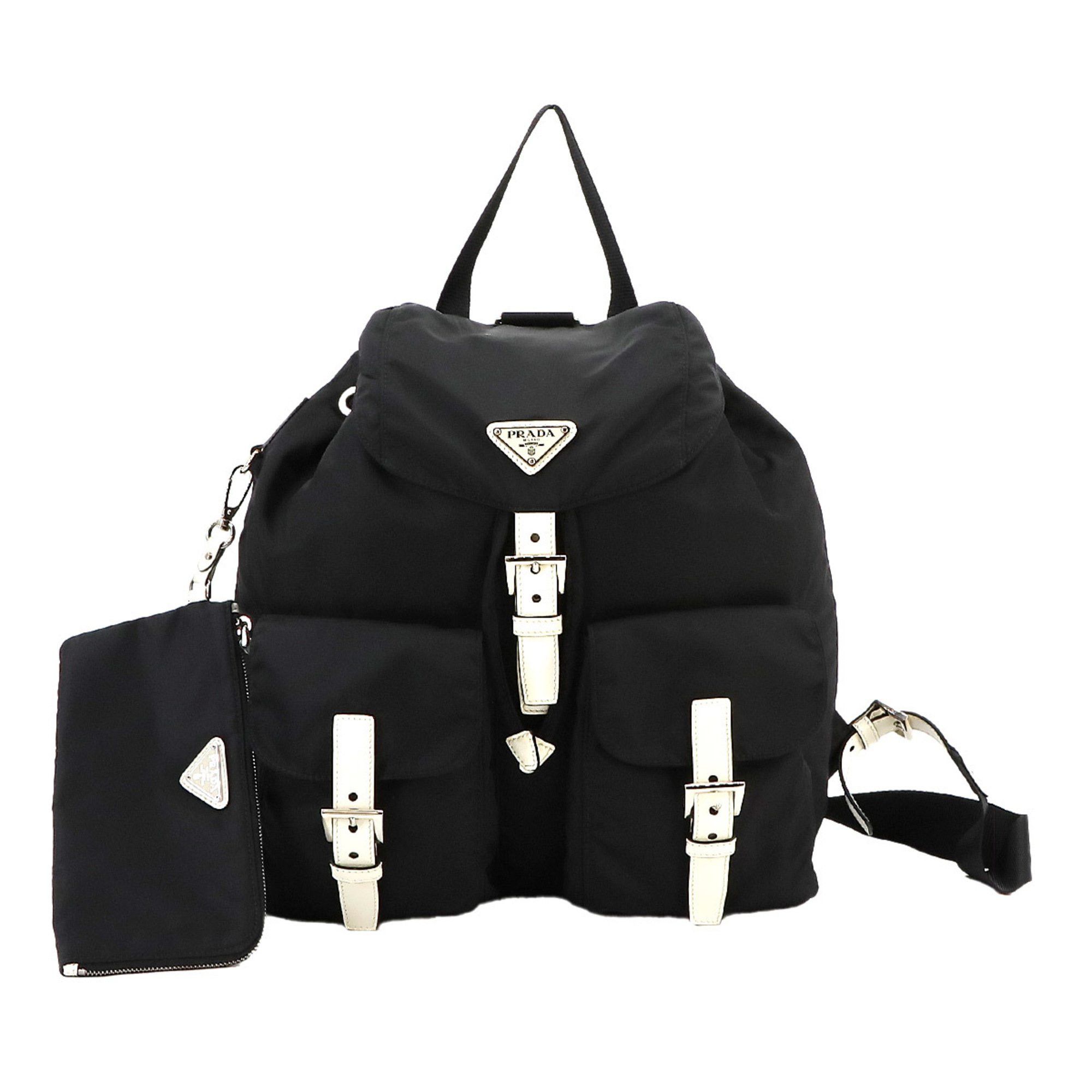 image of Prada Medium Backpack, Nylon, Leather, Nero Bianco, 1Bz811 Backpack in Black, Women's