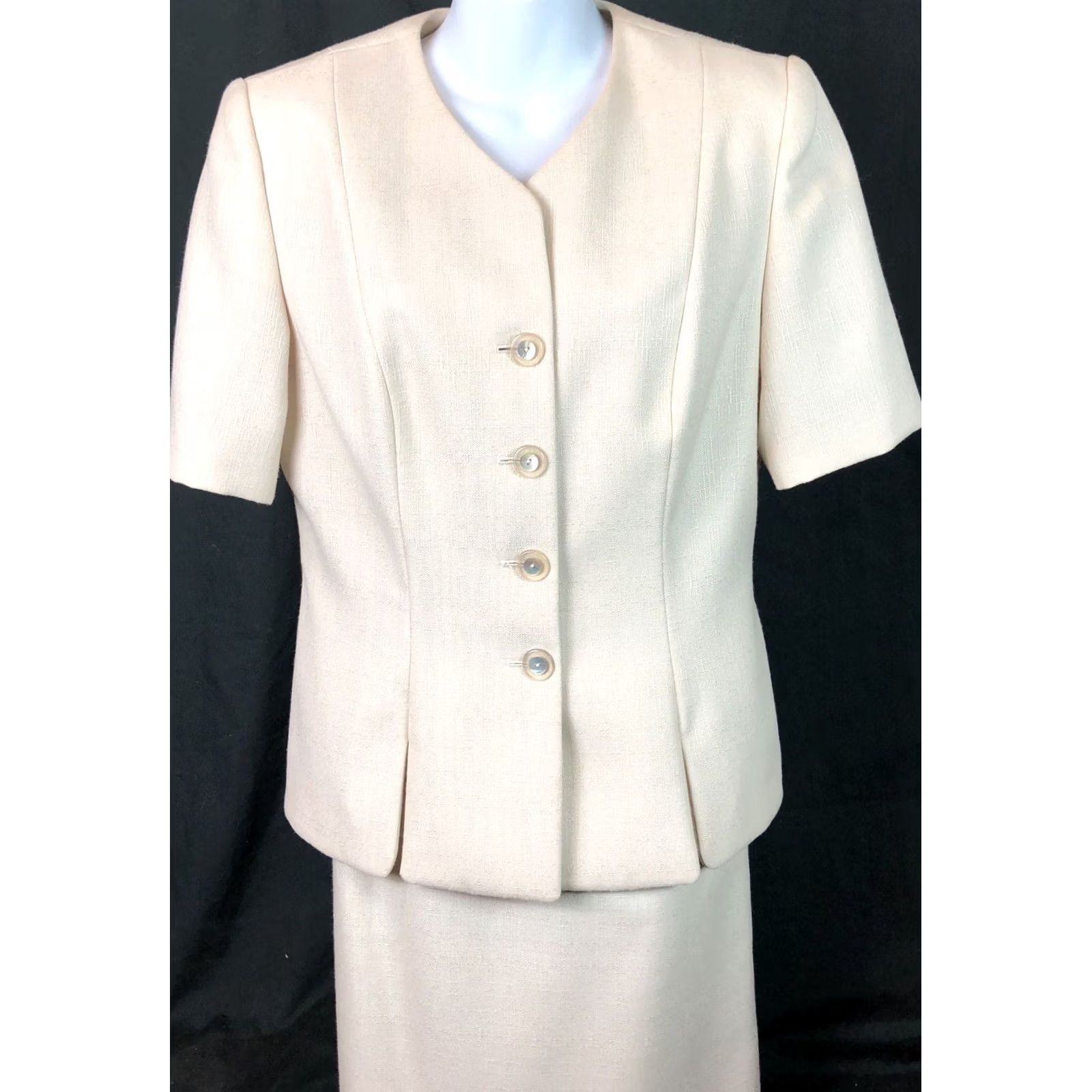 Vintage Dress Barn Skirt Suit 10 Ivory 2pc Lined V Neck Pleat Hem Knee Length Back Slit Size 29" - 4 Thumbnail