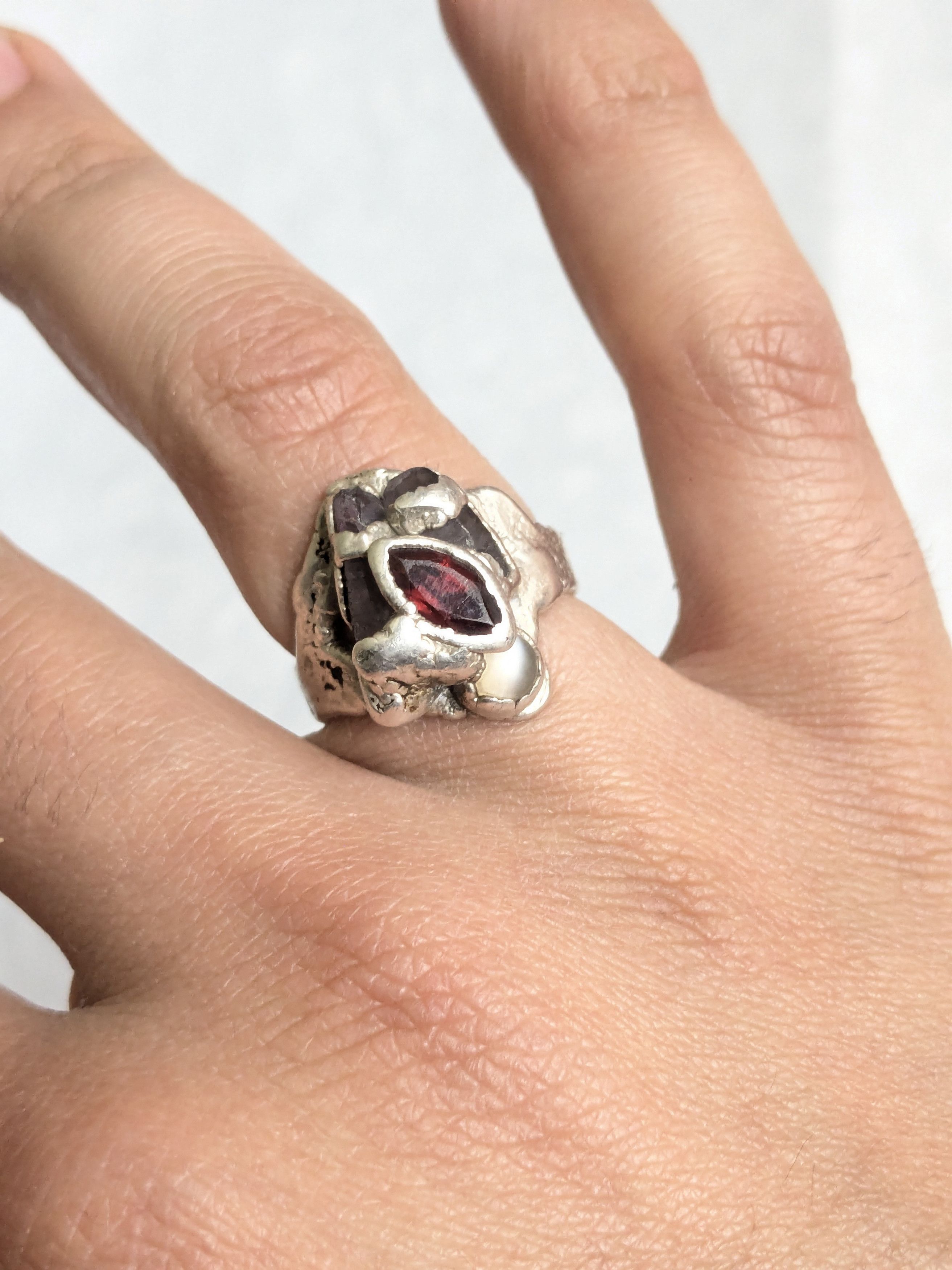 Jewelry Vintage Sterling Silver Ring Garnet Amethyst 7.75 Brutalist Size ONE SIZE - 7 Thumbnail