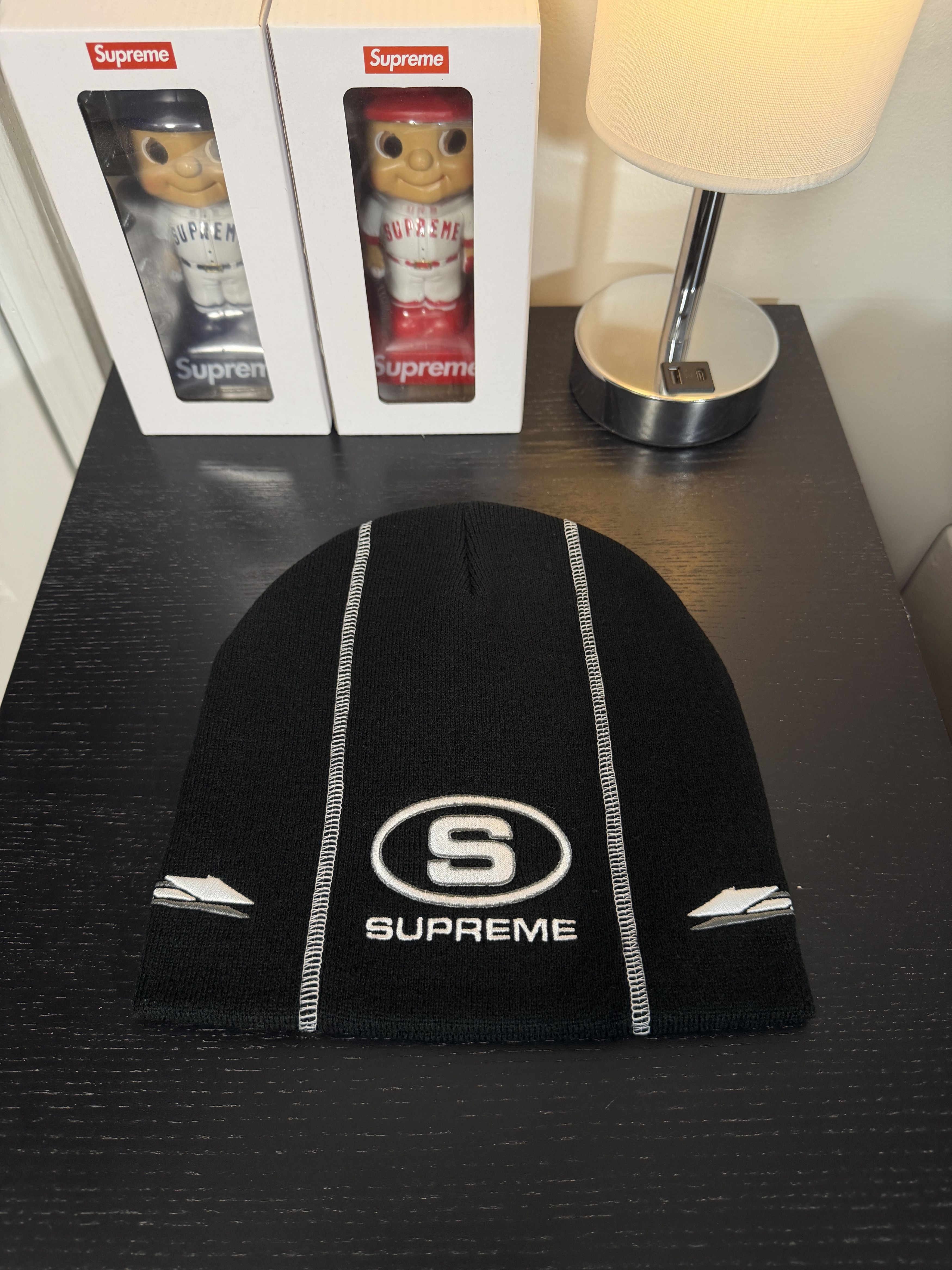 Supreme Supreme racing panel beanie navy | Grailed