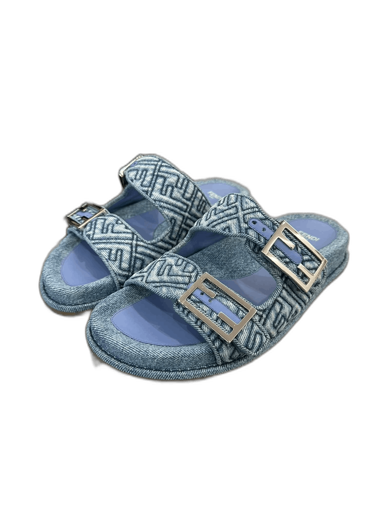 Fendi Blue Denim Logo Slide Sandals