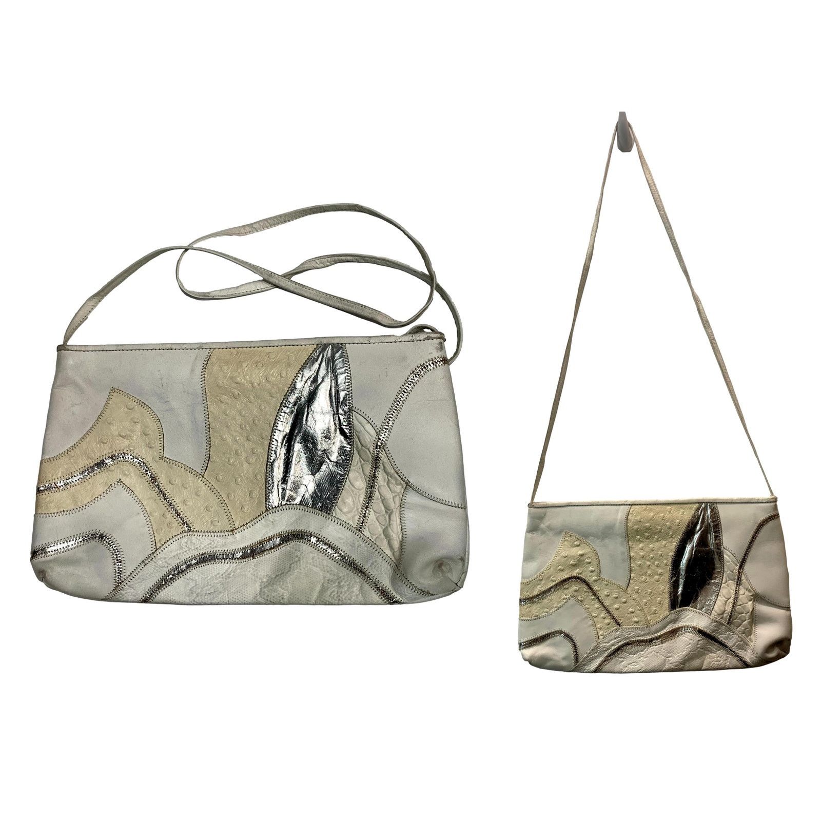 Genuine Leather × Vintage 80s White & Silver Leather Mixed Up Patchwork Shoulder Bag Size ONE SIZE - 2 Thumbnail