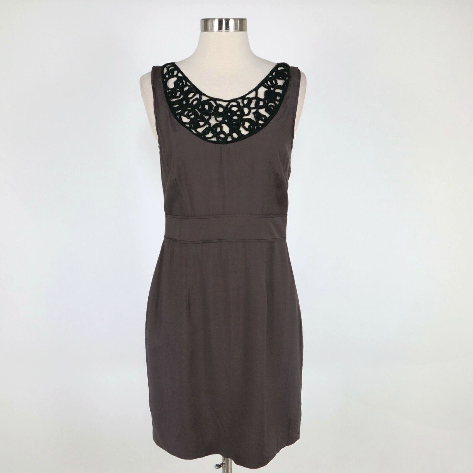 image of Loeffler Randall Sheath Dress Womens 6 Sleeveless Brown Taupe Black Crochet Trim in White (Size Med