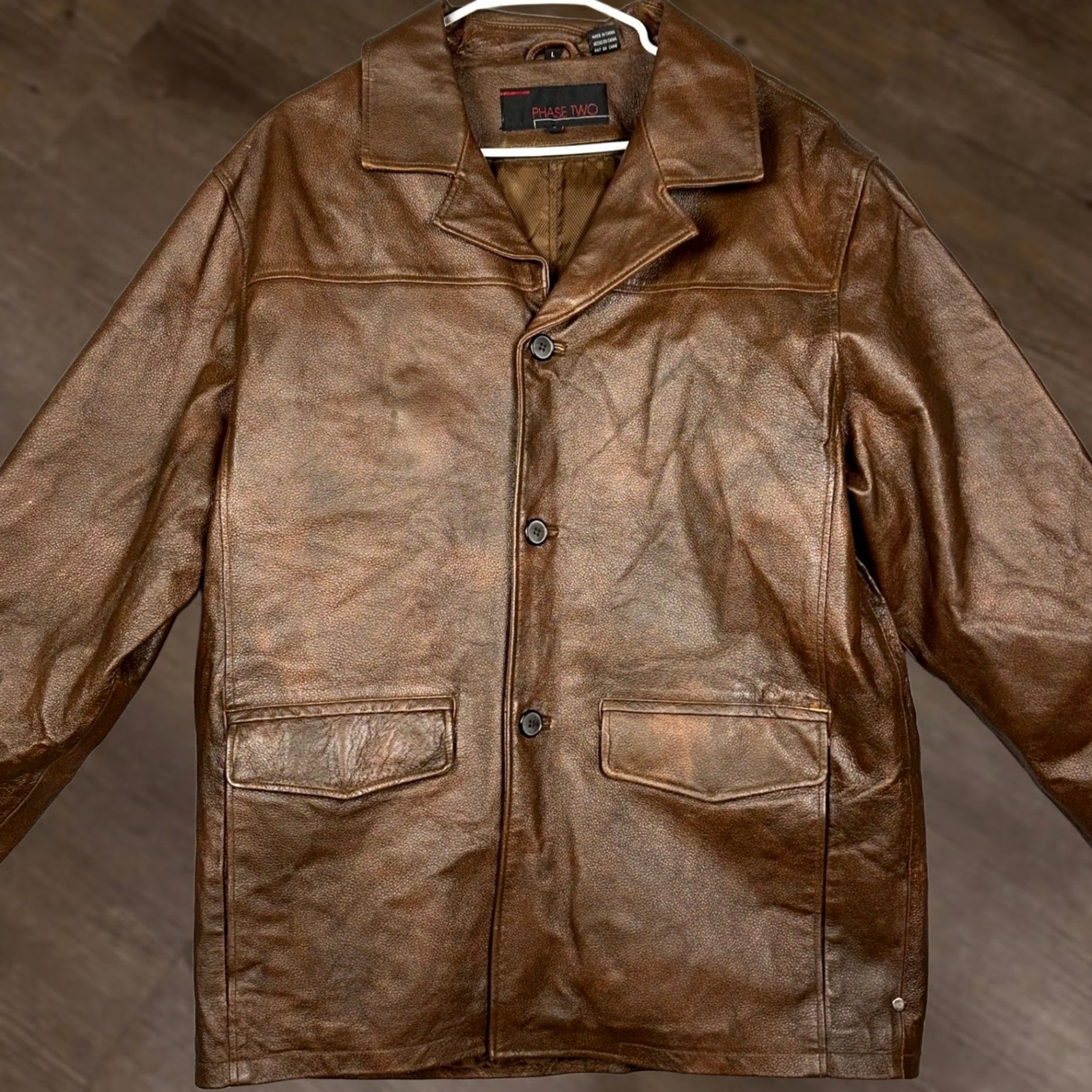 Vintage Phase Two Leather Jacket Mens Large Brown Car Coat Button Front Collared Pockets Size US L / EU 52-54 / 3 - 1 Thumbnail