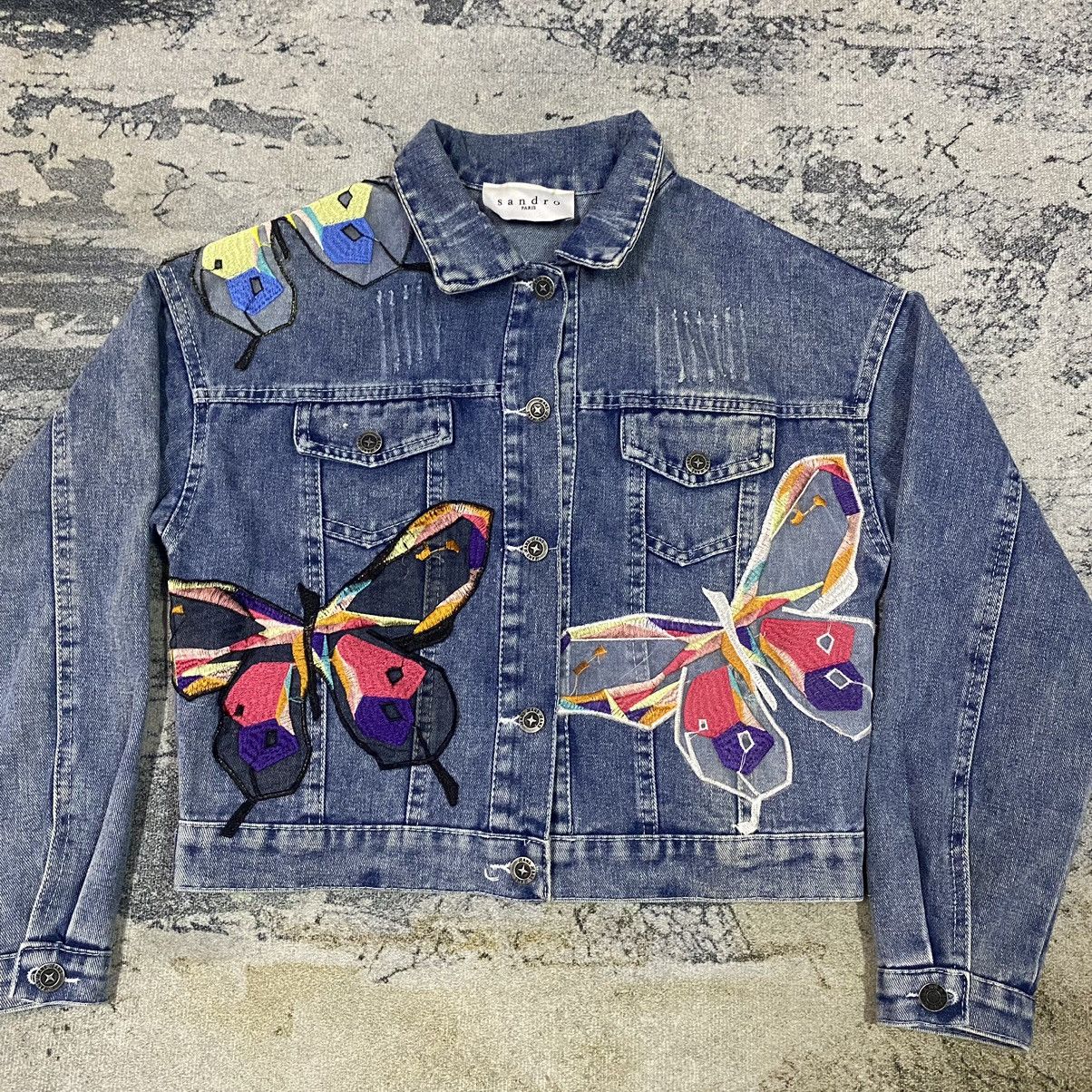 Sandro Gcw23🔥Sandro Butterfly PatchWork Light Washed Denim Jacket Size M / US 6-8 / IT 42-44 - 2 Thumbnail