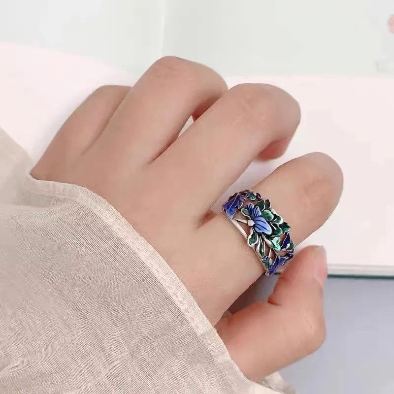 Jewelry Blue Green Enamel Craft Peony Flower Rings` Size ONE SIZE - 5 Thumbnail