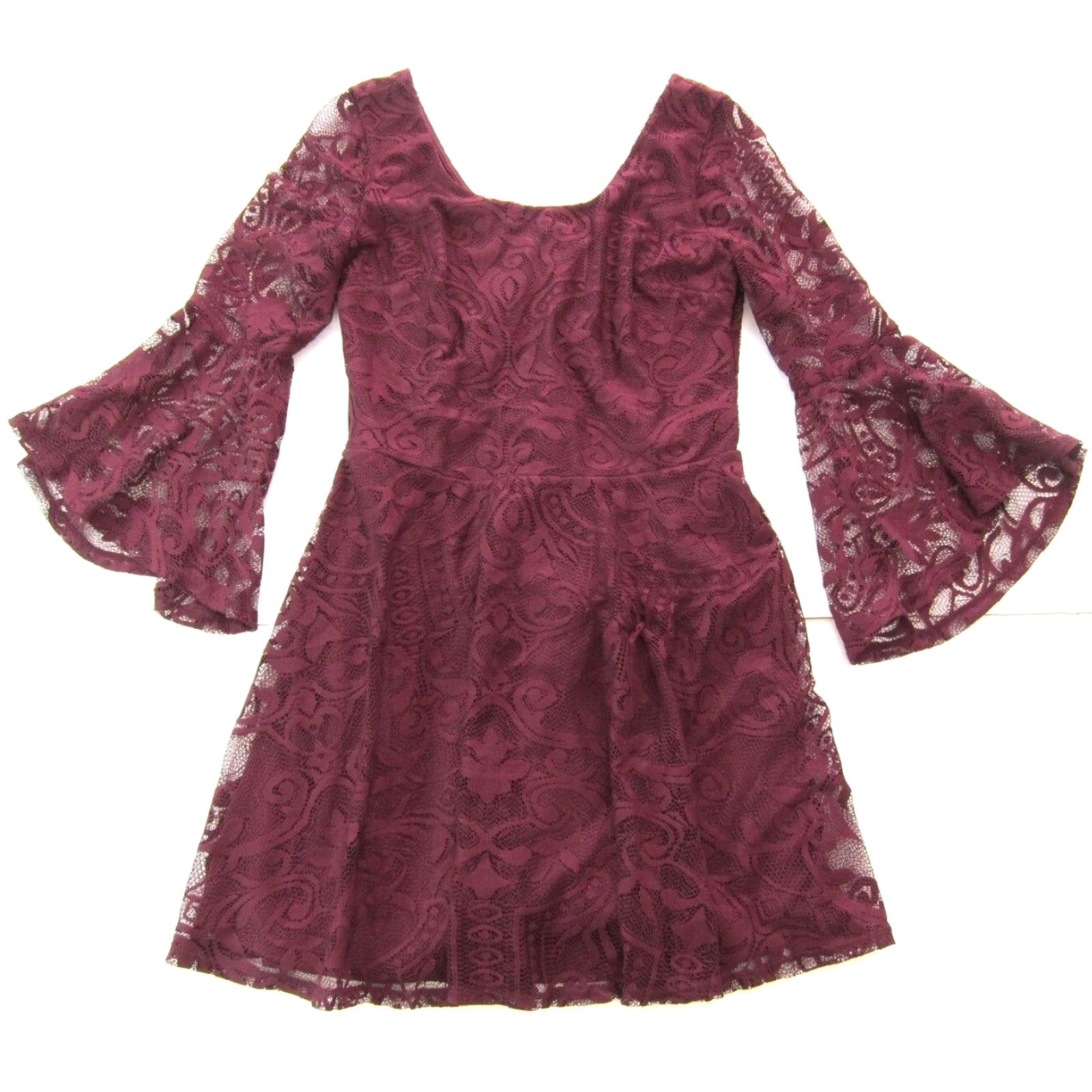 Vintage VINTAGE I.N. San Francisco Red Burgundy Lace Flare Sleeve Scoop Neck Smock Dress 11/L Size L / US 10 / IT 46 - 2 Thumbnail