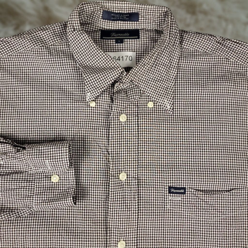 Faconnable Façonnable Casual Button Up Shirt Mens Large Brown Check Long Sleeve Regular Fit Size US L / EU 52-54 / 3 - 1 Thumbnail