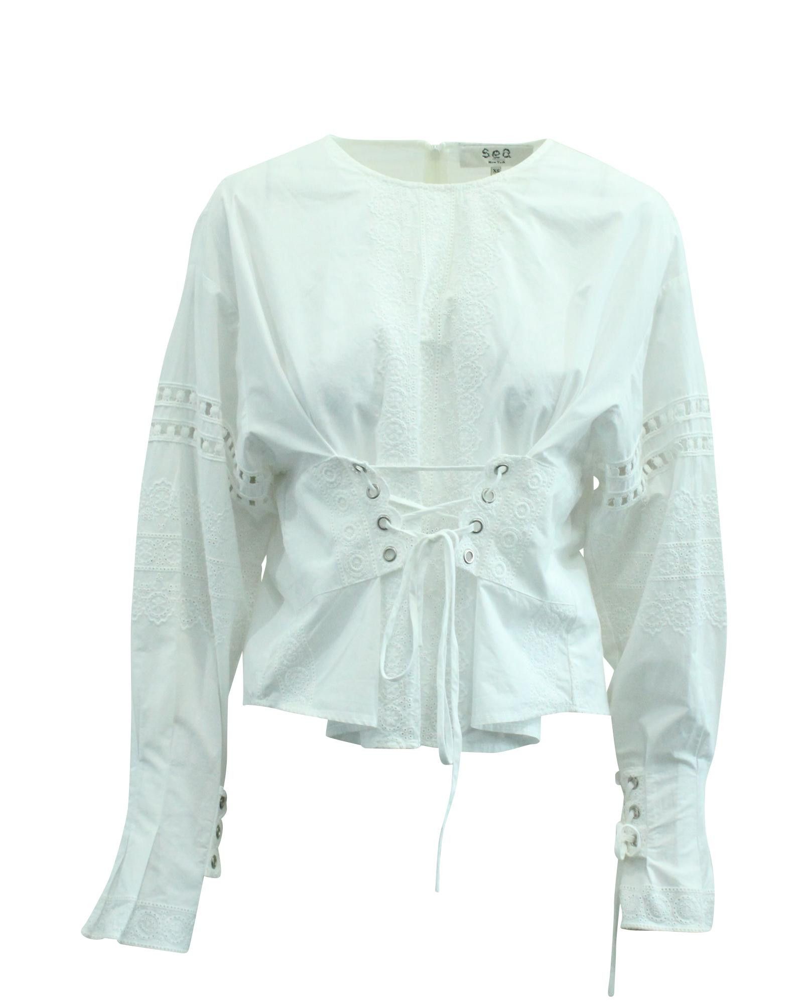 image of Sea New York White Eyelet Cotton Long Sleeve Blouse With Corset Detail, Women's (Size XS)