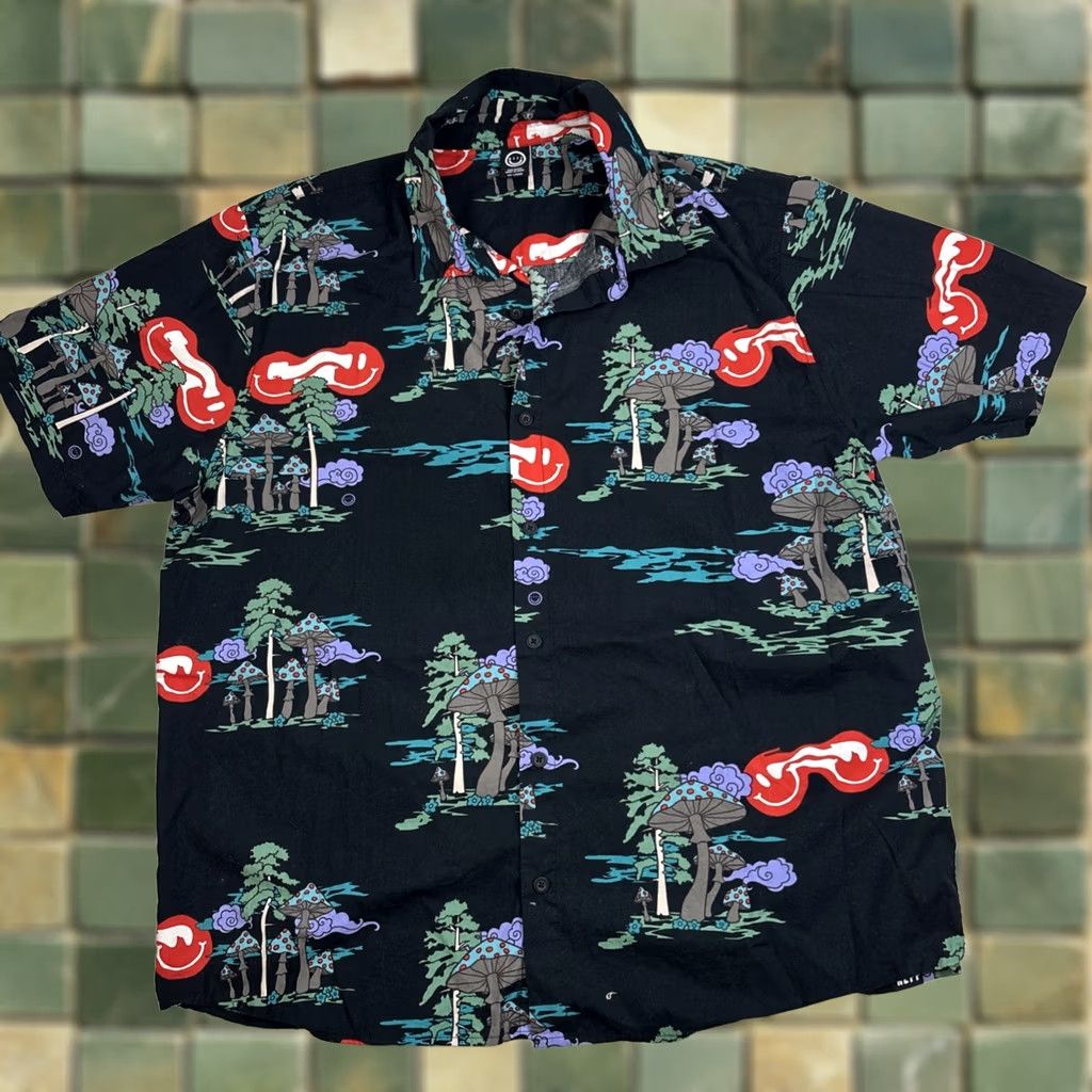 Vintage Neff Psychedelic Mushroom Forest Shirt Mens XXL Black Button Smiley Face Skater Shirt Size US XXL / EU 58 / 5 - 1 Thumbnail
