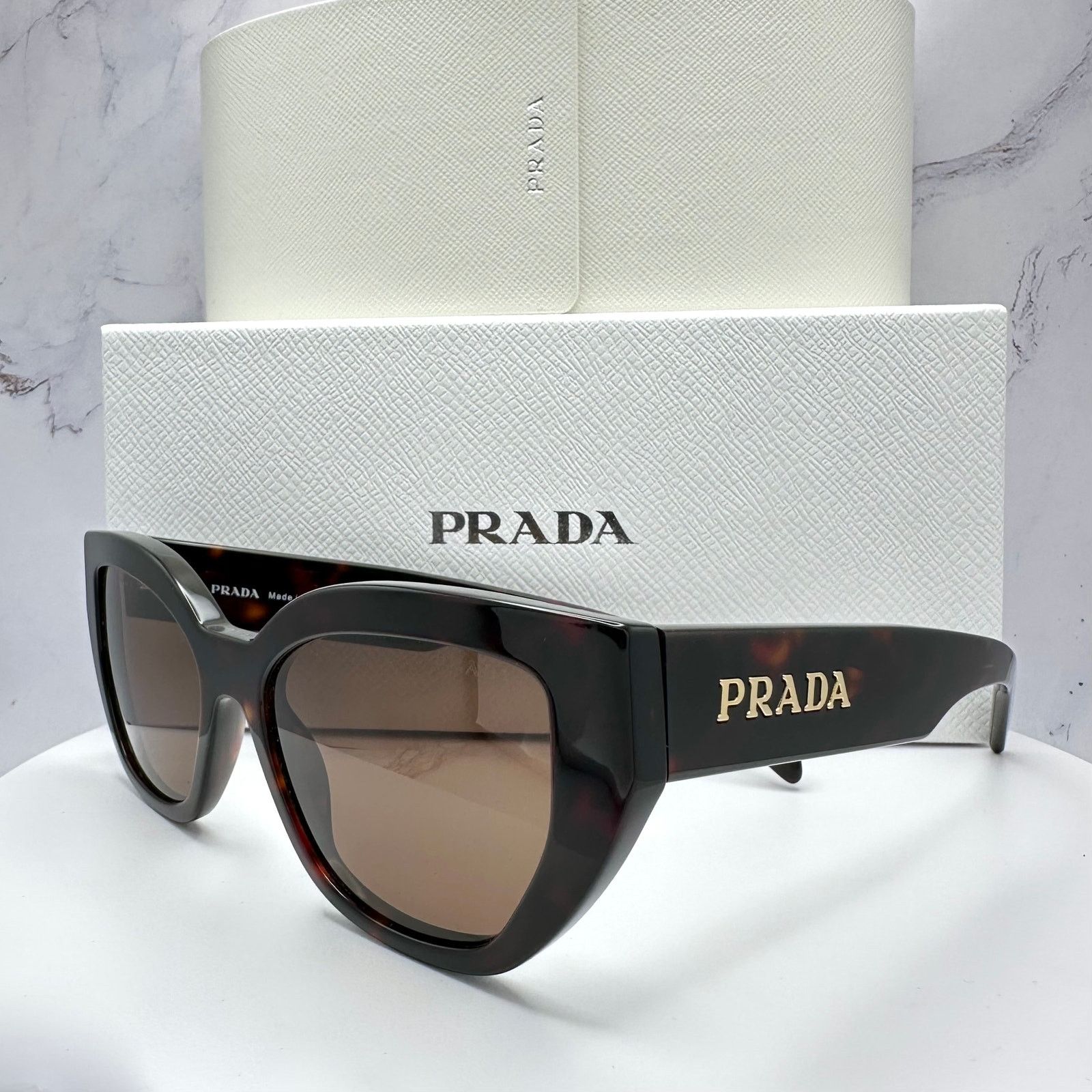 New Prada Sunglasses Cat Eye Brown Tortoise Gold Logo