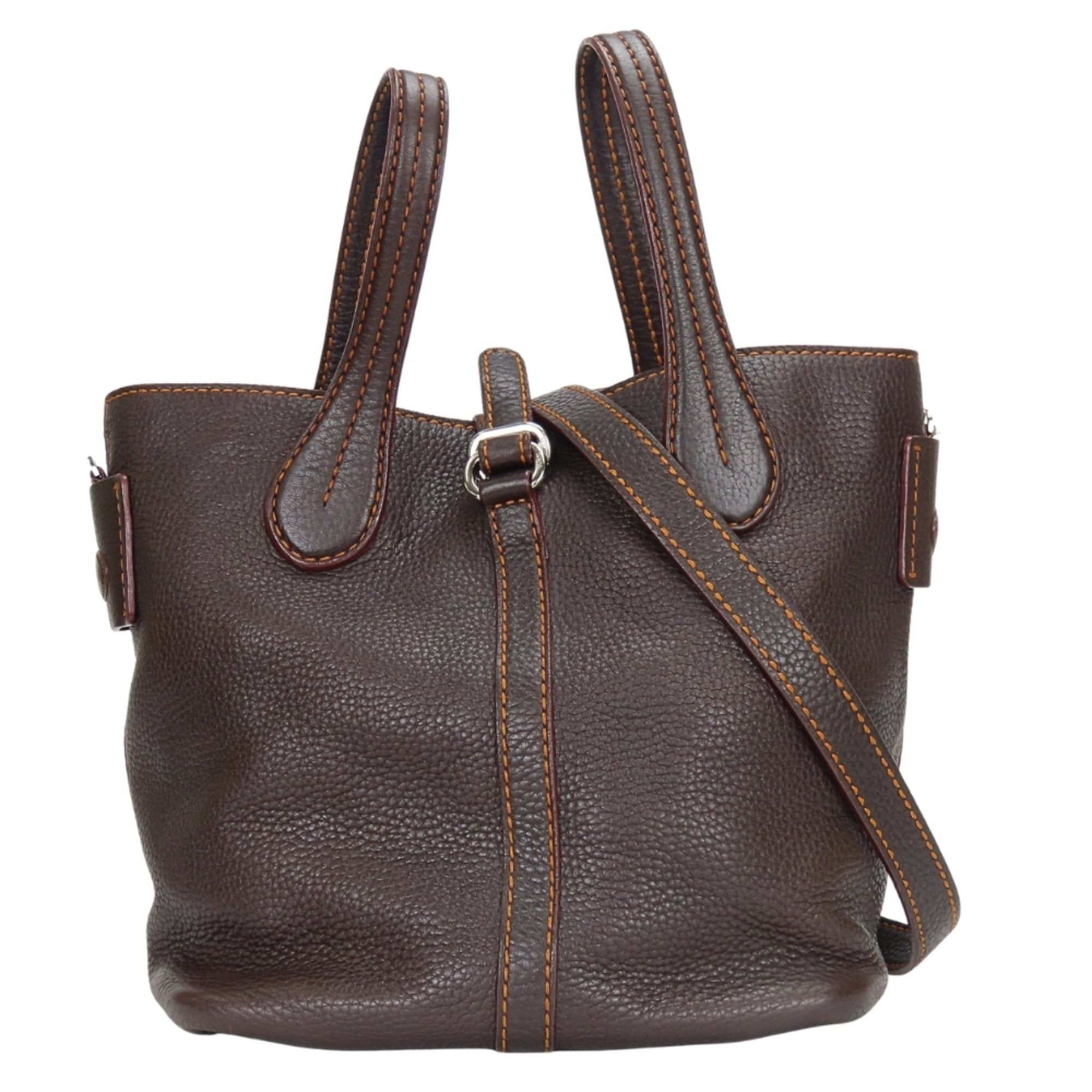 Tod's Tod's handbag, stitched leather, dark brown and orange, silver hardware, shoulder bag, women's. Size ONE SIZE - 1 Thumbnail