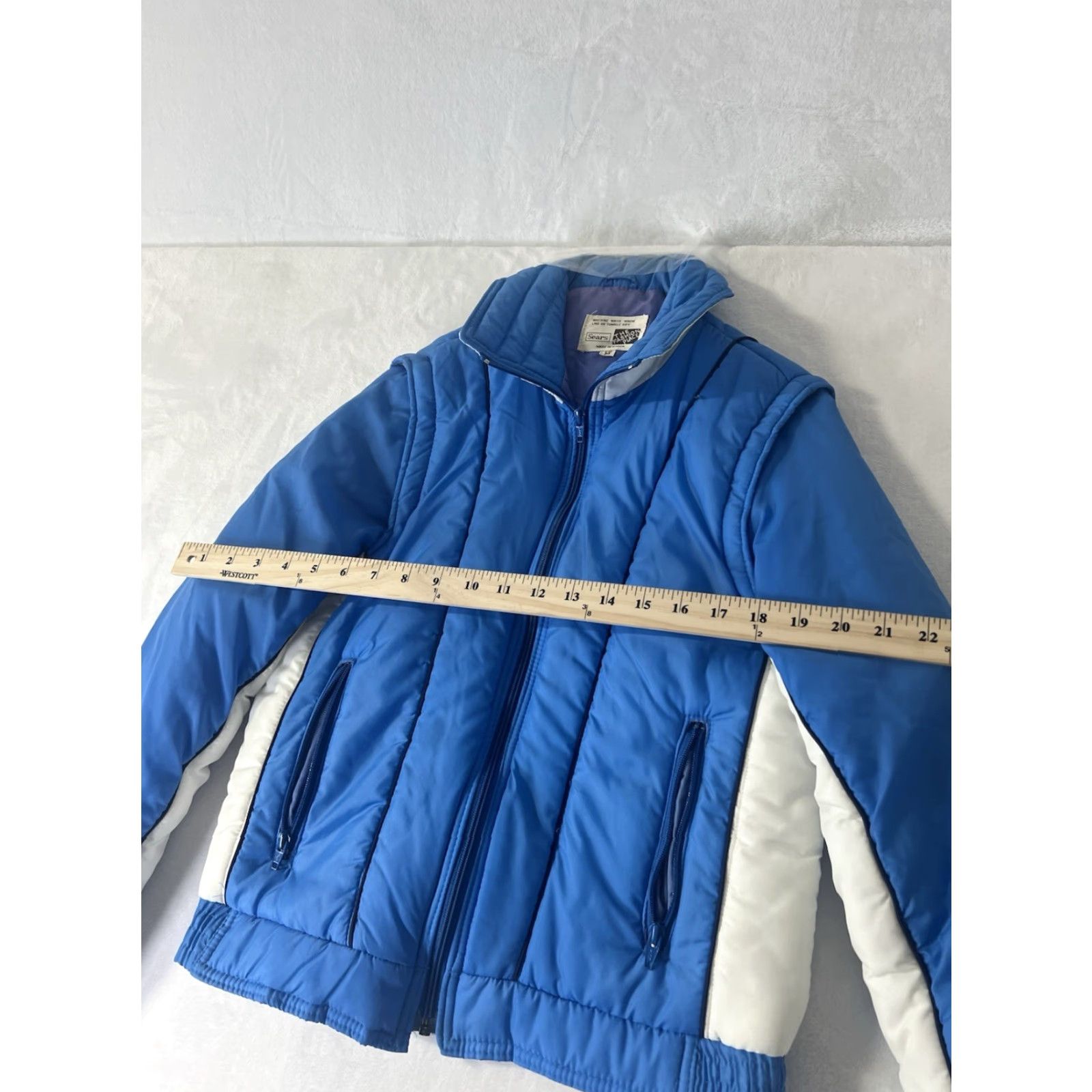 Sears VINTAGE Sears Windbreaker Jacket Blue Zip Up 80s 90s logo Removable Hood Packable Hood Zipper Pockets Water Resistant Wind-Resistant Mid-Length Size M / US 6-8 / IT 42-44 - 4 Thumbnail