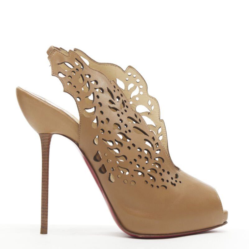 Christian Louboutin CHRISTIAN LOUBOUTIN Markesling 130 tan brown laser cut peep toe bootie EU39 Size US 9 / IT 39 - 1 Thumbnail
