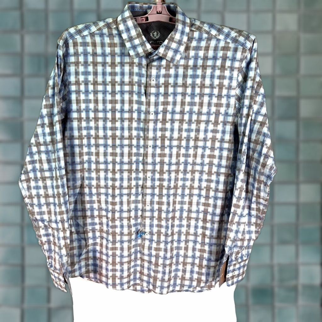 BUGATCHI Bugatchi Uomo Checked Button-Up Shirt Mens L Blue/Tan Regular Fit Long Sleeve Spread Collar Size US L / EU 52-54 / 3 - 1 Thumbnail