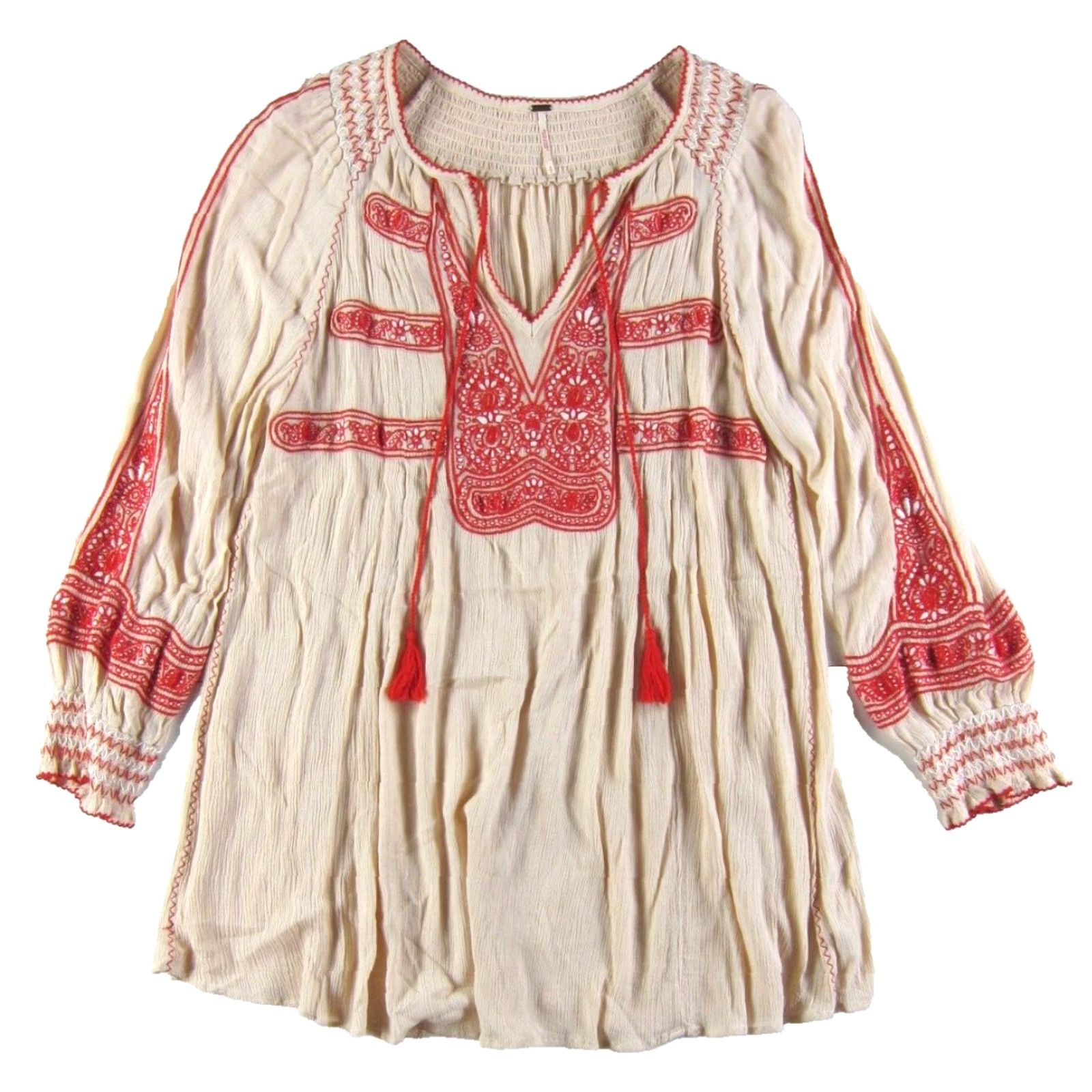 Free People VINTAGE Free People 100% Rayon Pink Red Embroidered Long Sleeve Tunic Smock Dress Small Size S / US 4 / IT 40 - 2 Thumbnail