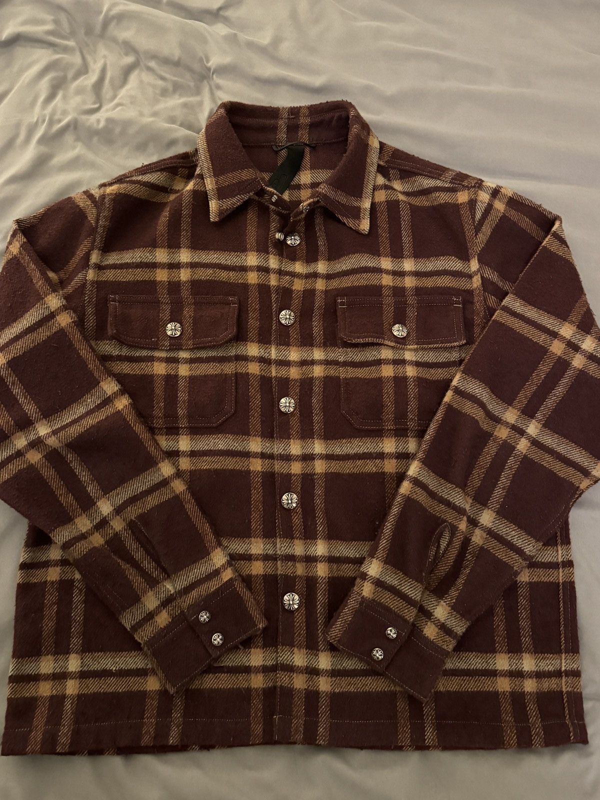 image of Chrome Hearts Work Dog Flannel Jacket in Burgundy Mix, Men's (Size Medium)