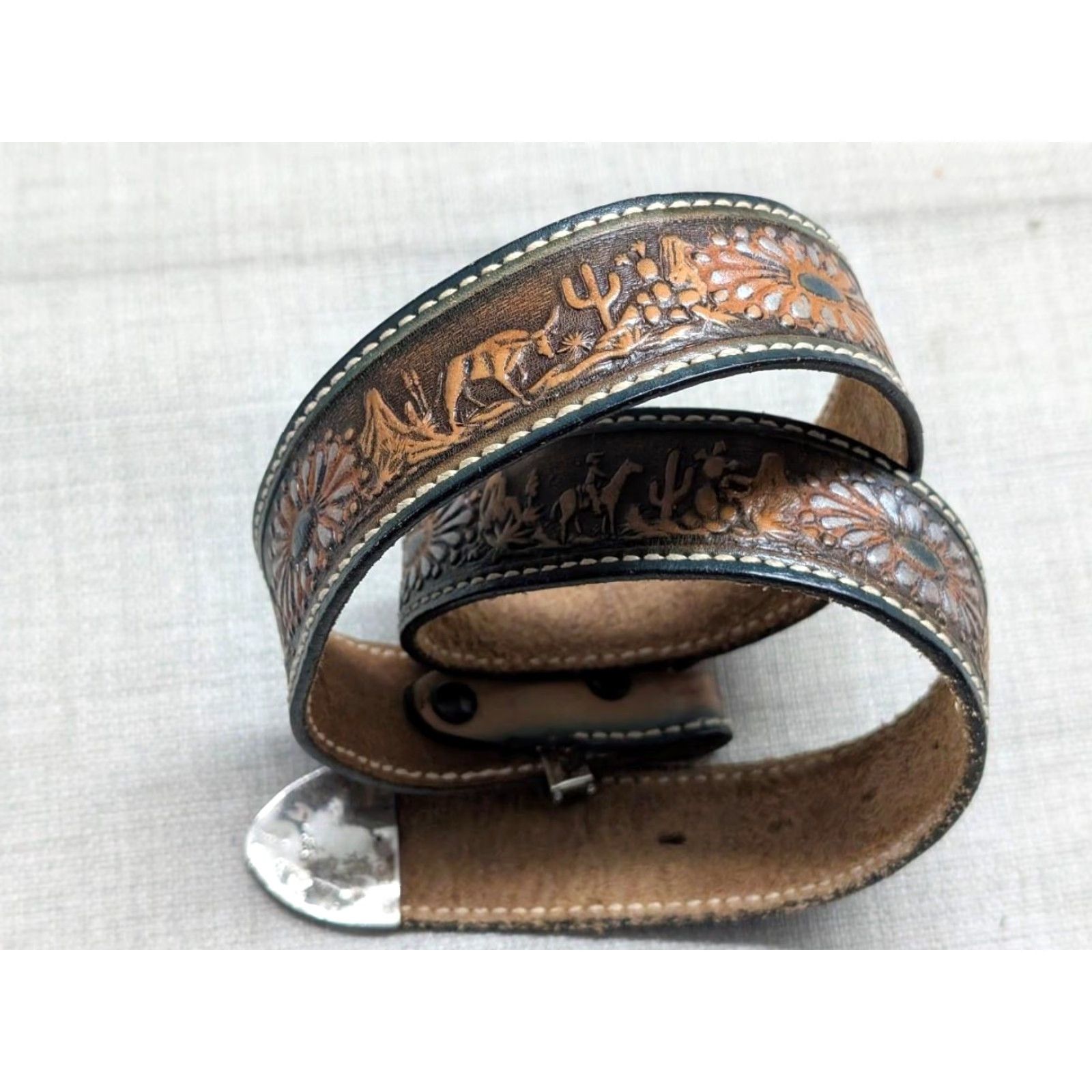 Vintage VINTAGE western belt tooled buckle Textan brown 28 leather cowhide German Silver alpaca tip holder unisex adults Mens Size 28 - 3 Thumbnail