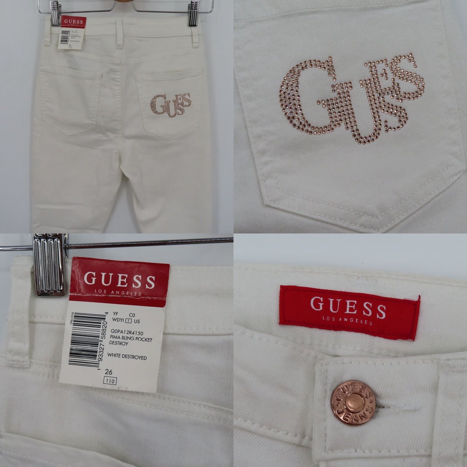 Guess GUESS Womens Jeans 26 Pima Bling Pocket Distressed White Denim Skinny NEW Regular 5-Pocket Design Boys? No. Size 26" / US 2 / IT 38 - 8 Thumbnail