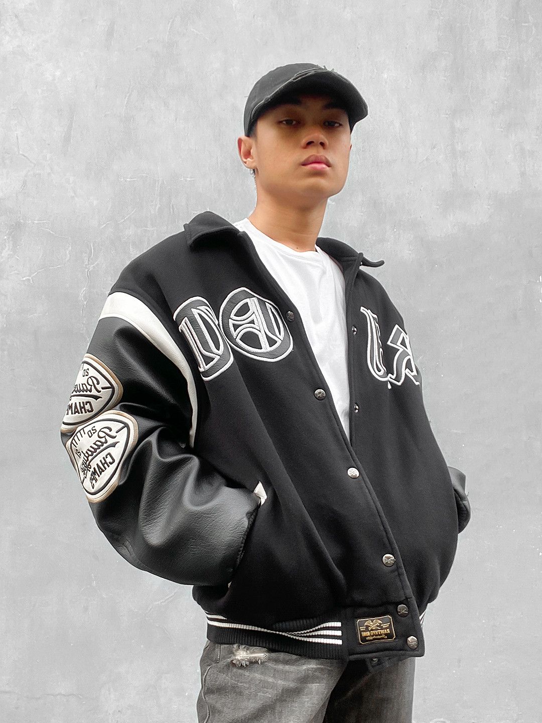 image of Leather Jacket x Varsity Jacket Rawtype Riot Varsity Champ - Tomcats 3 in Black, Men's (Size Medium