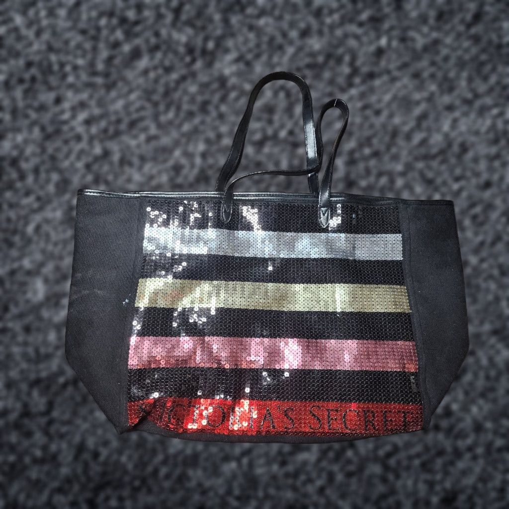Victoria's Secret Victoria’s Secret Black Striped Sequin Tote Bag Women Canvas Tote Sequin Striped Victoria Secret B38 Black Tote Bag Size ONE SIZE - 1 Thumbnail