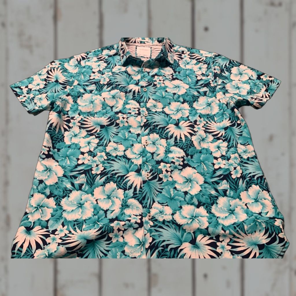 Vintage Cactus Man Mens Slim Fit Button-Down Dress Shirt Large White and Navy Blue Floral Cotton Size 42R - 1 Thumbnail