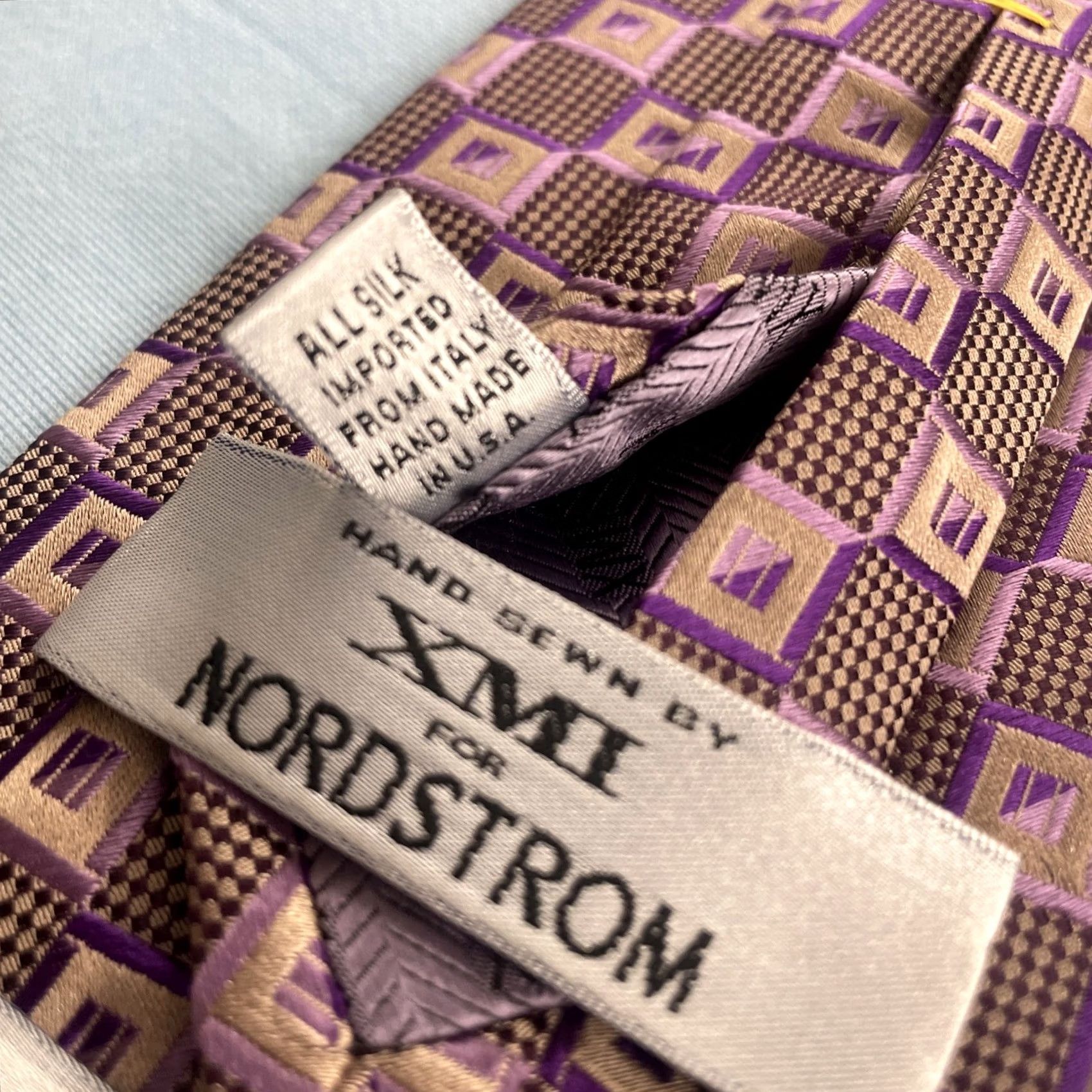 Vintage VINTAGE XMI Tie Geometric Designer Silk 100% Silk Purple Pink Gold Men Classic 57"-60" EUC Size ONE SIZE - 4 Thumbnail