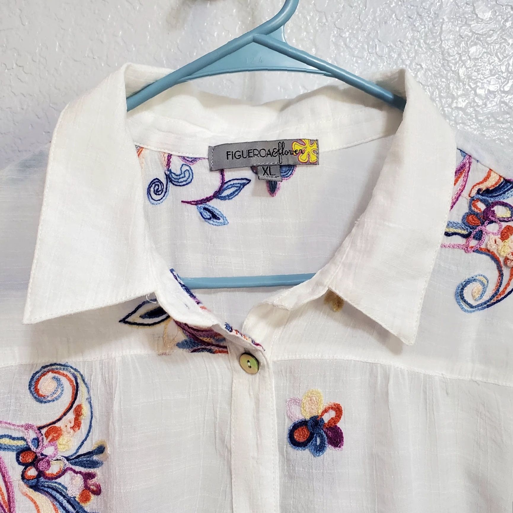 Vintage Figueroa & Flower Women Top XL White Sheer Embroidered Button Up Boho Shirt Size XL / US 12-14 / IT 48-50 - 4 Thumbnail