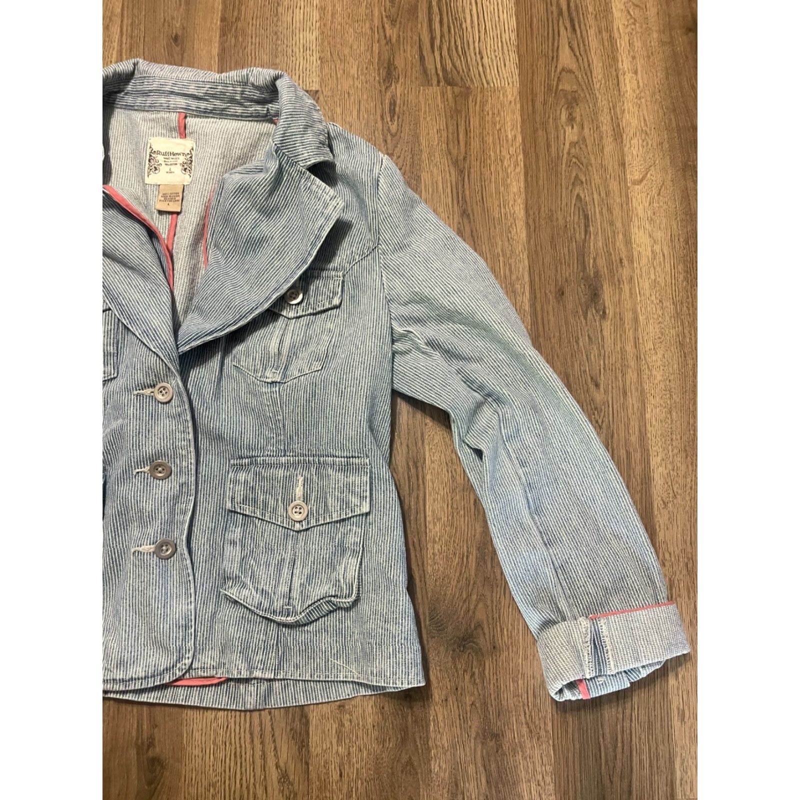 Vintage Ruff Hewn Jacket Women's Large Blue Striped Buttons Up Pockets Casual Fall Spring Summer Cotton Blend Size L / US 10 / IT 46 - 4 Thumbnail