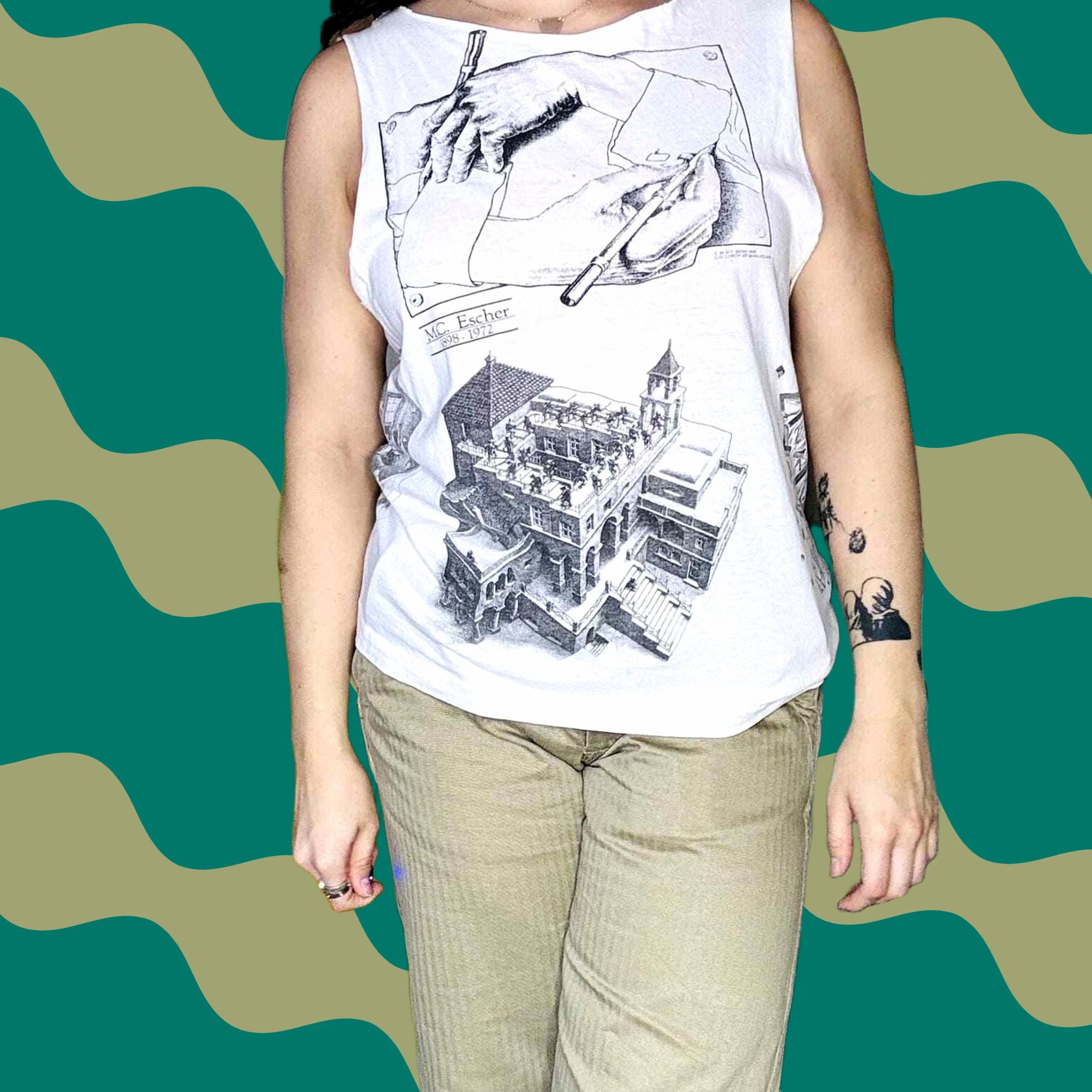 Vintage VINTAGE MC Escher White 90's Artwork Hands Sketch Tank Top Cutoff Women M White Tank Size M / US 6-8 / IT 42-44 - 1 Thumbnail