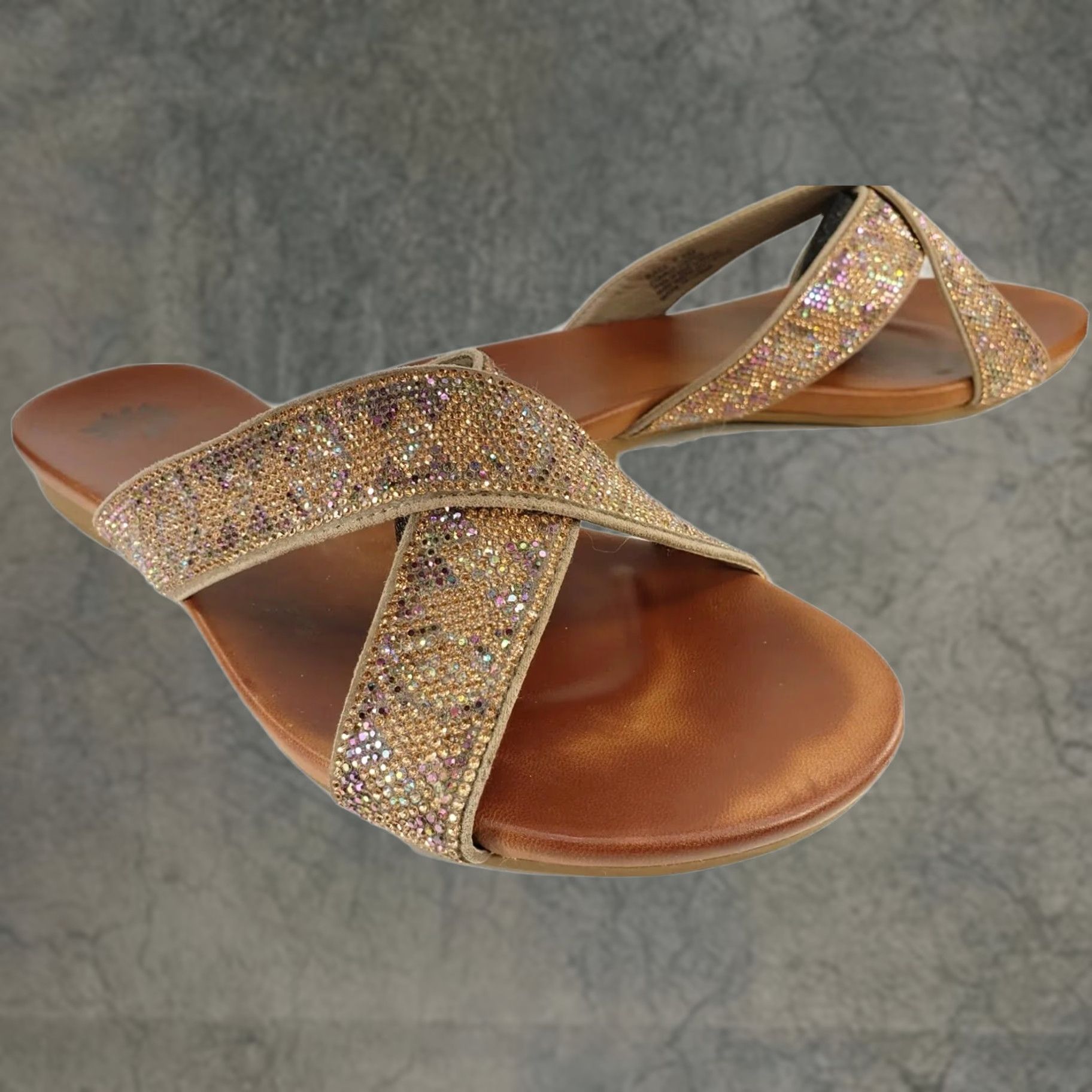 Vintage Yellow Box Bali Womens Slides 7.5 Gold Rhinestone Blingy X-Cross Front Shoes Womens Medium Gold Rhinestone Blingy X-Cross Front Size US 8 / IT 38 - 1 Thumbnail