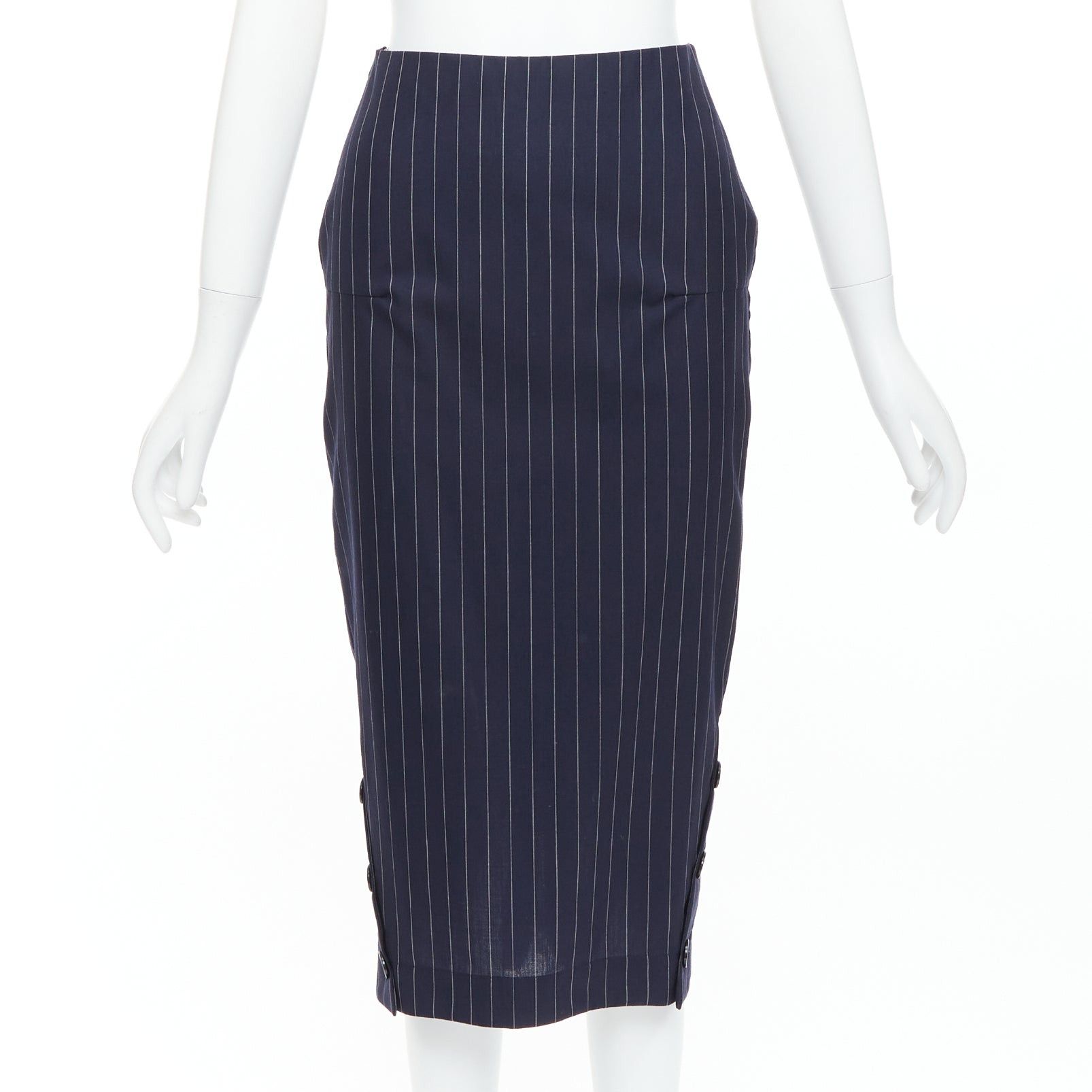 VICTORIA BECKHAM 100% wool navy pinstriped 2-way zip pencil skirt UK6 XS