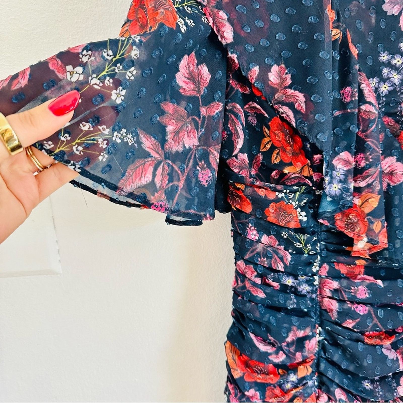 Nordstrom Keepsake Navy Blue Red White Floral Ruffle Ruche Midi Dress Size XS / US 0-2 / IT 36-38 - 3 Thumbnail