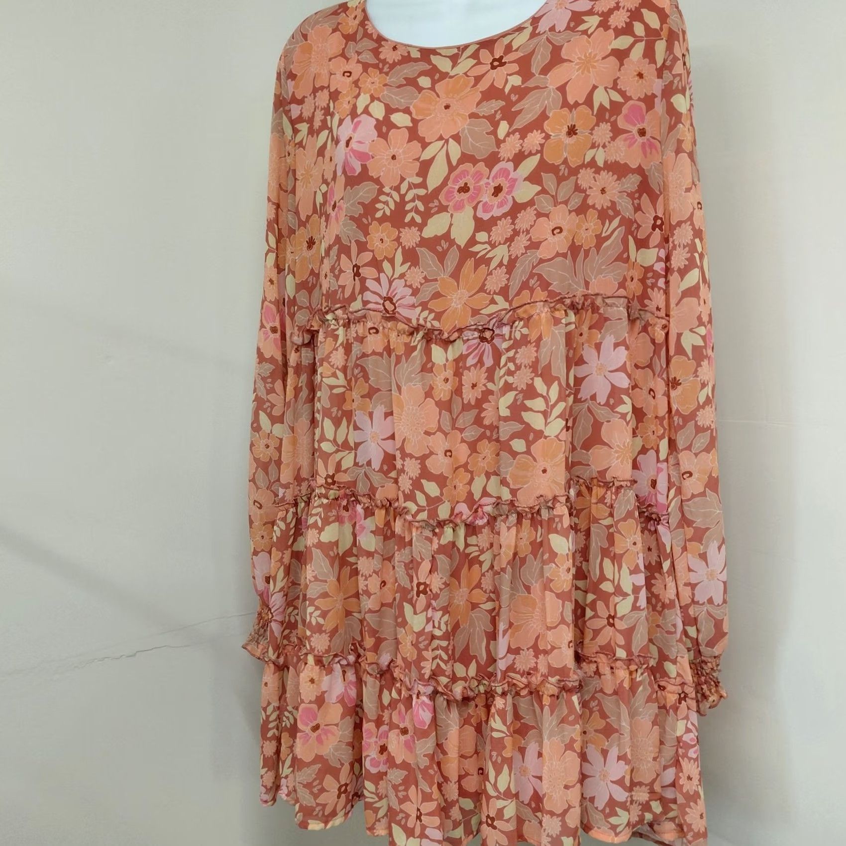 Vintage Peach Love California Dress Women L Peach Floral Long Sleeve Mini Lined Ballon Sleeve Blouson Party/Cocktail Wedding Sundress Short Size L / US 10 / IT 46 - 3 Thumbnail