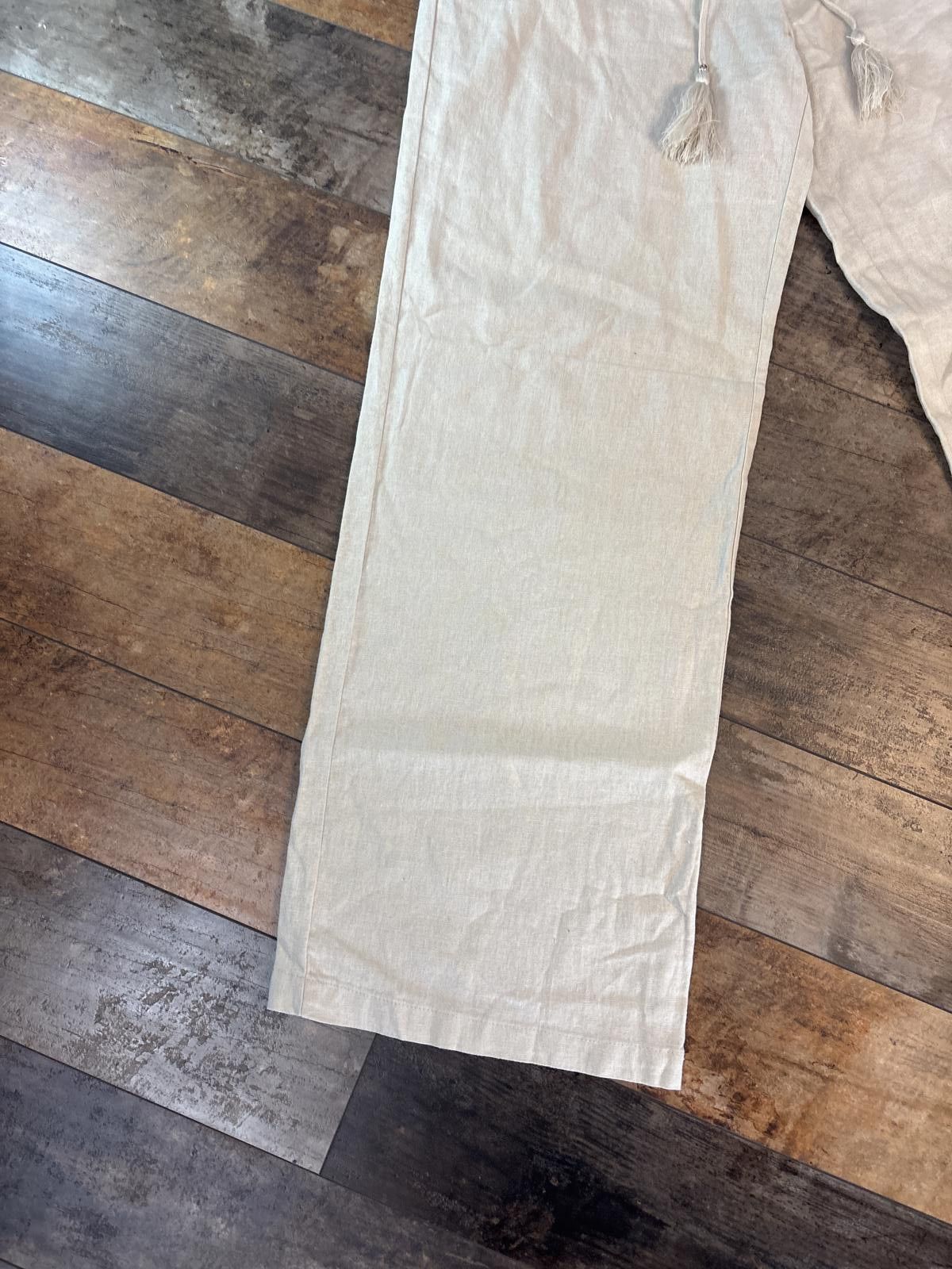 Other Ellen Tracy Beige Wide Leg Linen Pants with Drawstring Waist Size 32" / US 10 / IT 46 - 2 Thumbnail