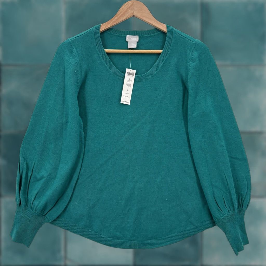 Vintage Chicos Sweater Womens M Green Cozy Pullover Balloon Sleeve Knit Top Soft Crew Neck Long Sleeve Size M / US 6-8 / IT 42-44 - 1 Thumbnail